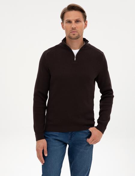 Koyu Kahverengi Slim Fit Dik Yaka Fermuarlı Triko Kazak - 50315732038