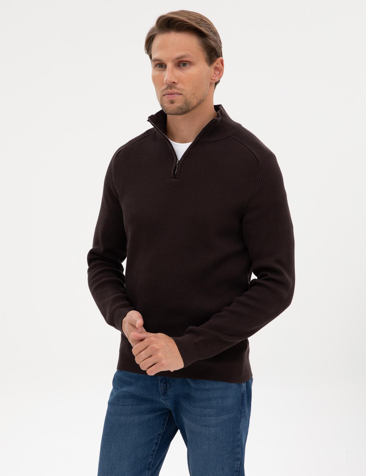 Koyu Kahverengi Slim Fit Dik Yaka Fermuarlı Triko Kazak - 50315732038