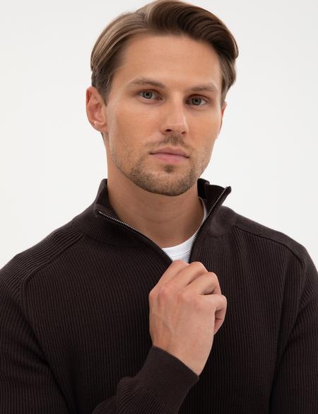 Koyu Kahverengi Slim Fit Dik Yaka Fermuarlı Triko Kazak - 50315732038