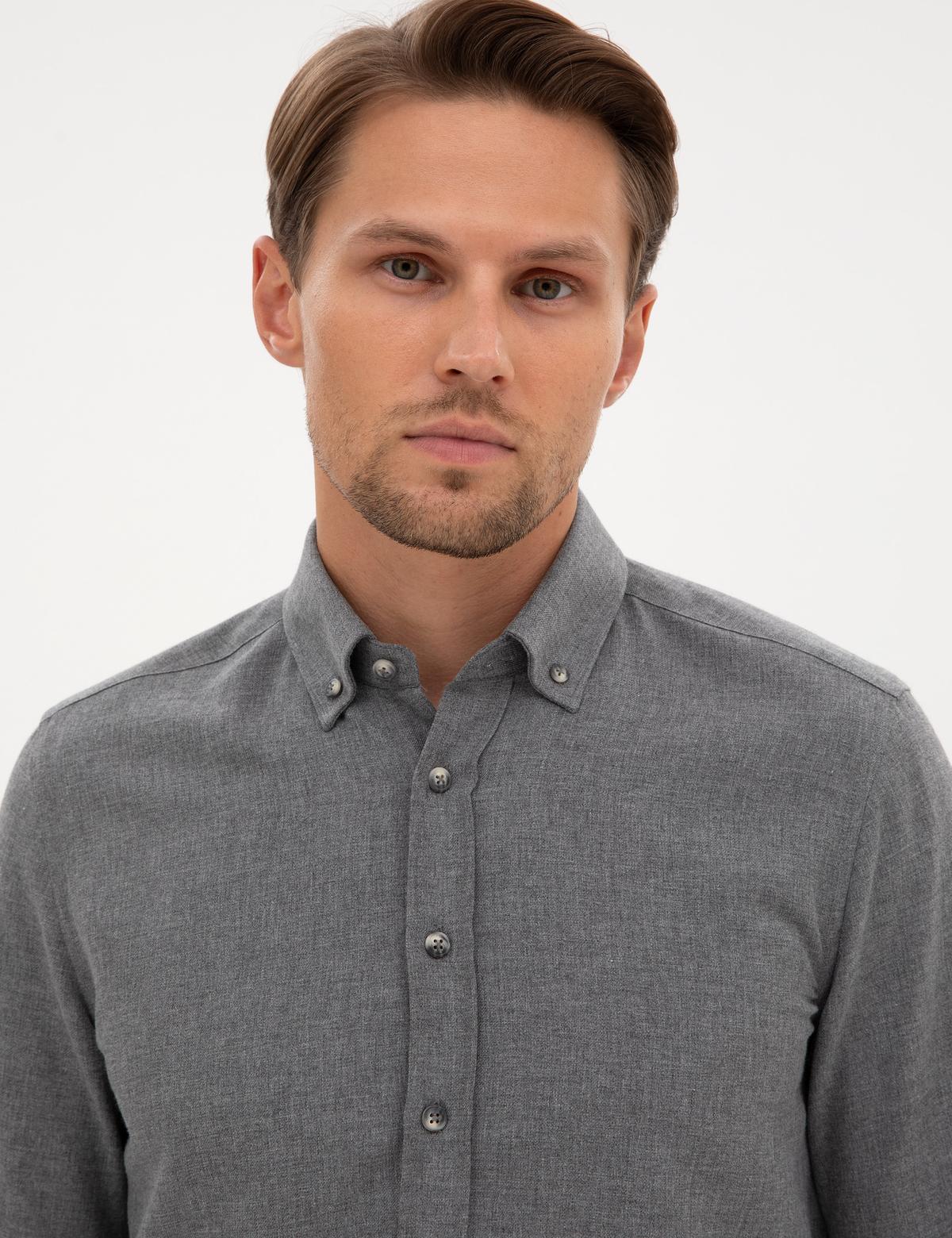 Gri Flanel Dokulu Slim Fit Uzun Kollu Gömlek - 50316751001