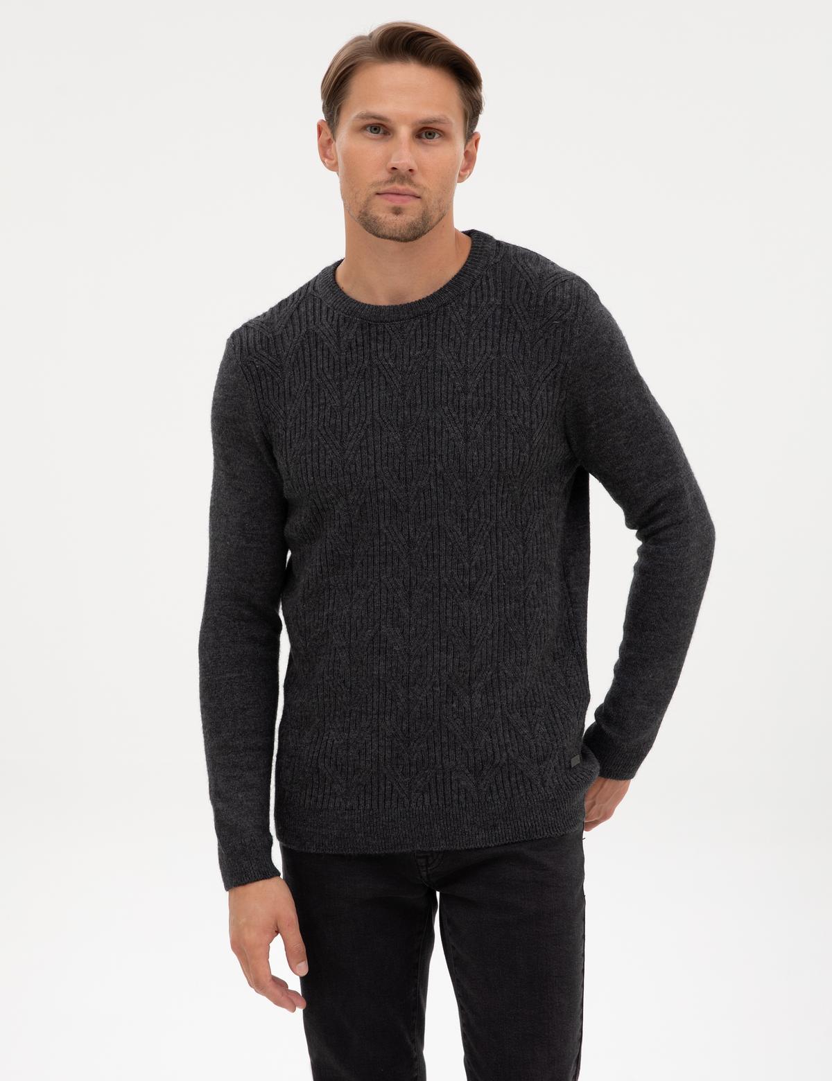 Antrasit Melanj Regular Fit Bisiklet Yaka Triko Kazak