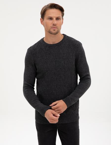 Antrasit Melanj Regular Fit Bisiklet Yaka Triko Kazak - 50315721027