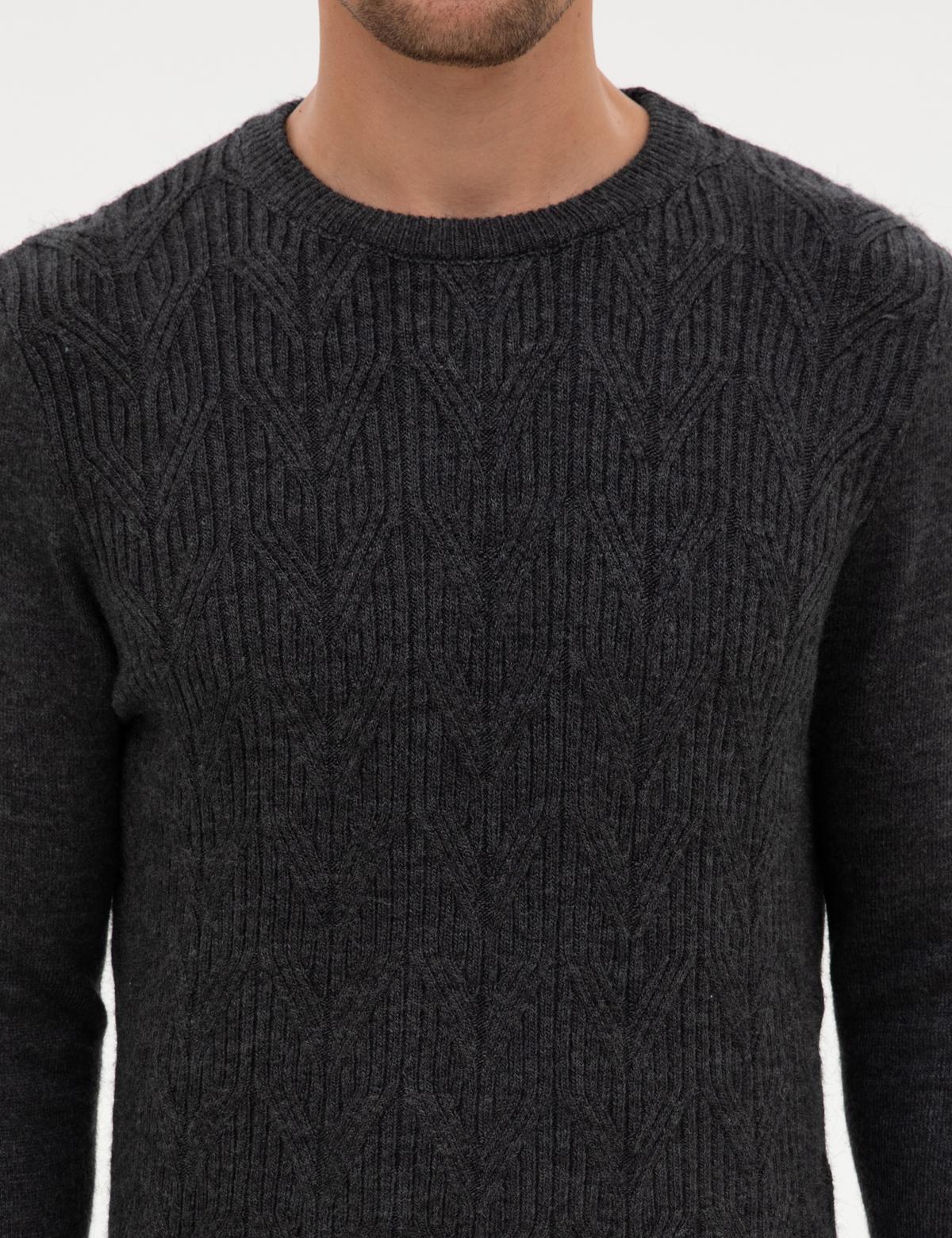 Antrasit Melanj Regular Fit Bisiklet Yaka Triko Kazak - 50315721027