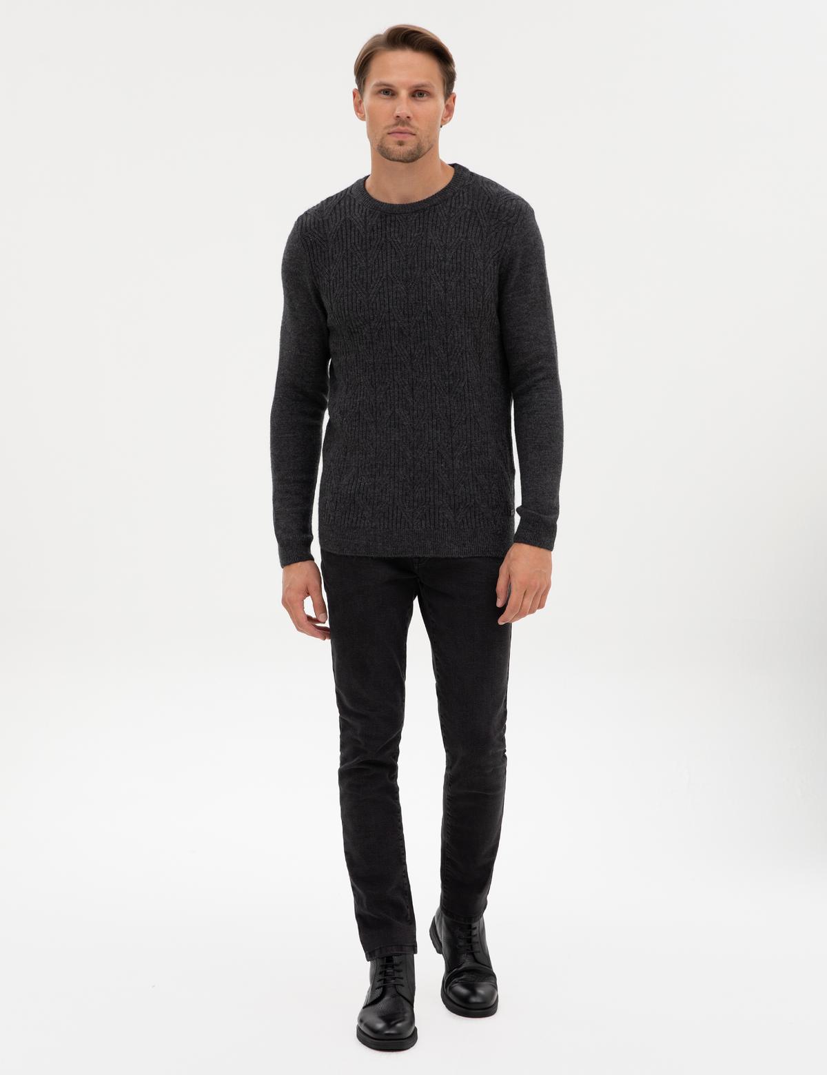 Antrasit Melanj Regular Fit Bisiklet Yaka Triko Kazak - 50315721027