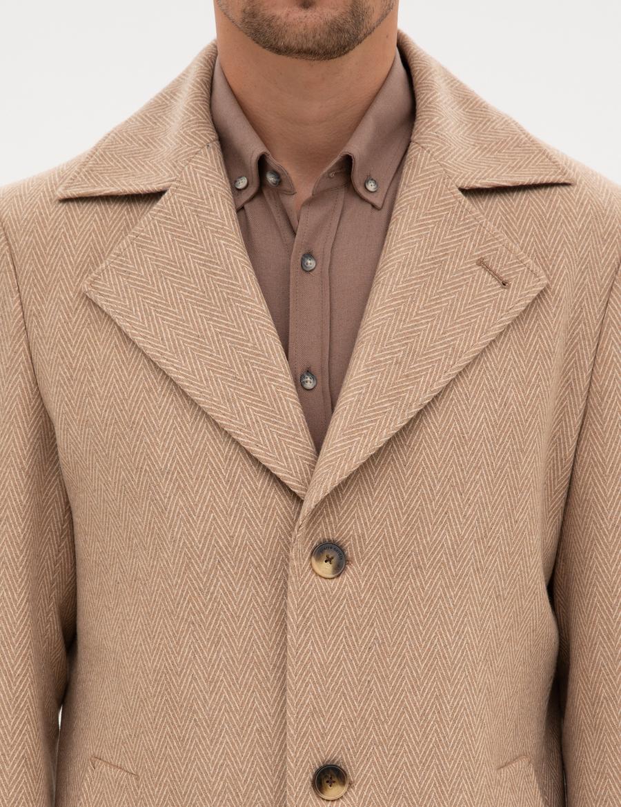 Kahverengi Yün Karışımlı Balıksırtı Palto