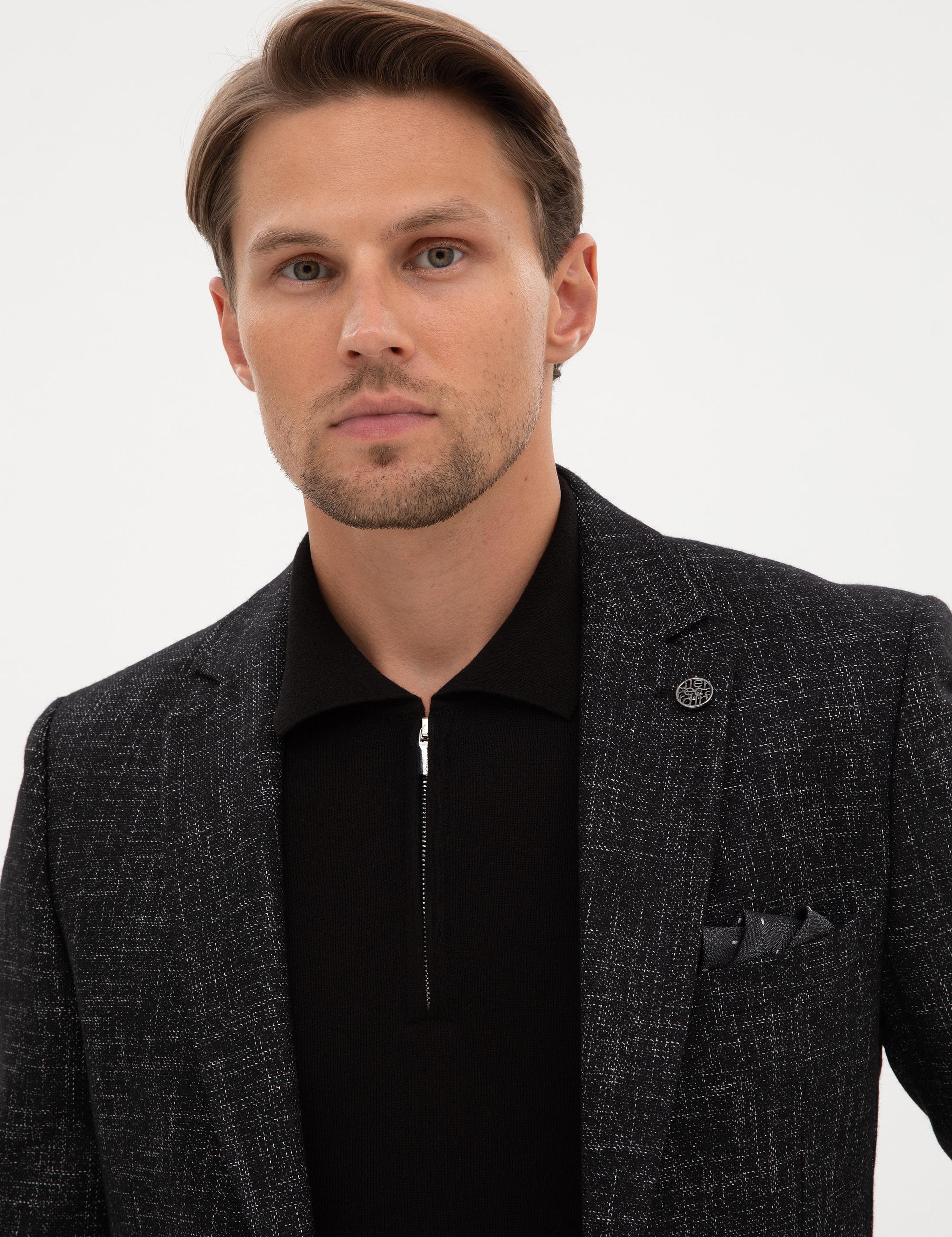 Siyah Ex. Slim Fit Yün Karışımlı Ceket