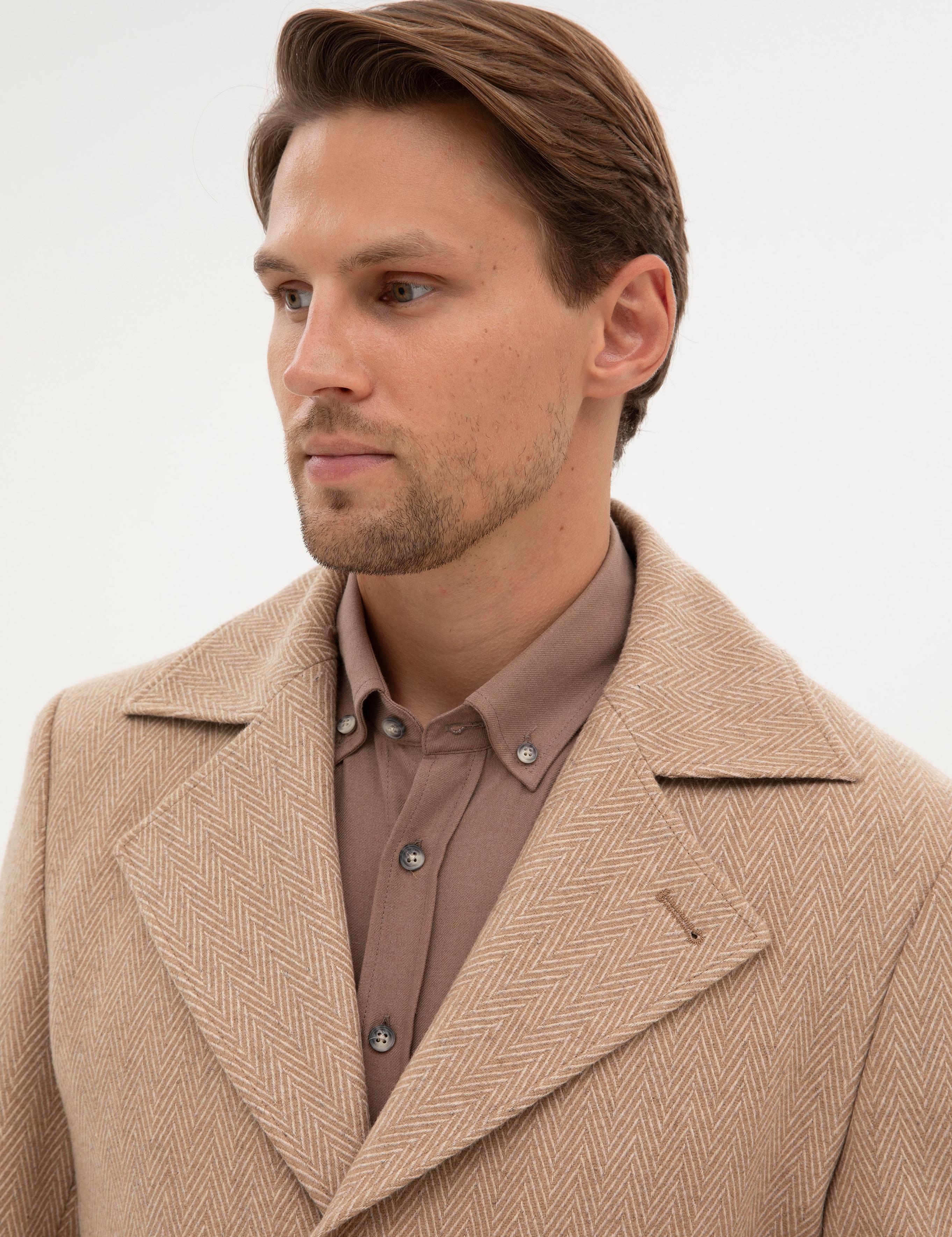 Kahverengi Yün Karışımlı Balıksırtı Palto