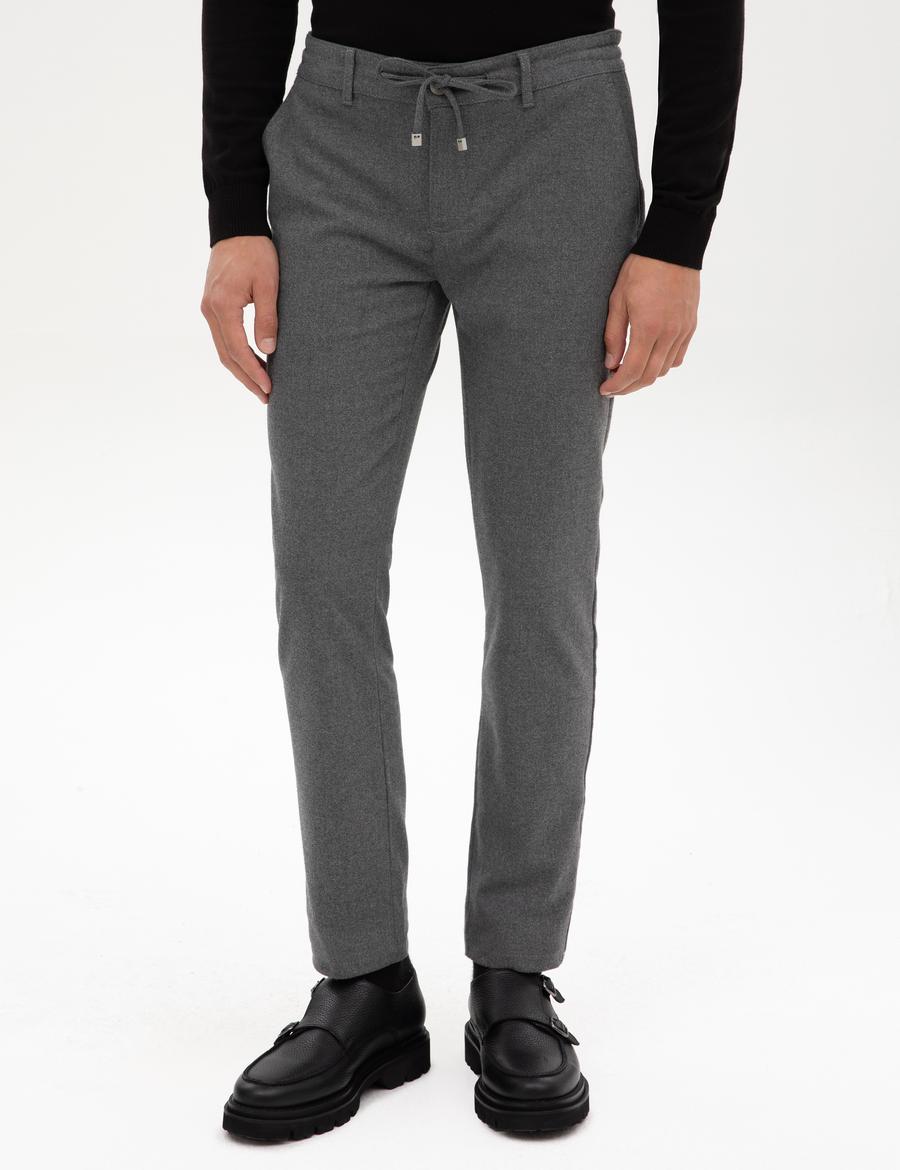 Gri Slim Fit Beli Lastikli Kordonlu Kanvas Pantolon