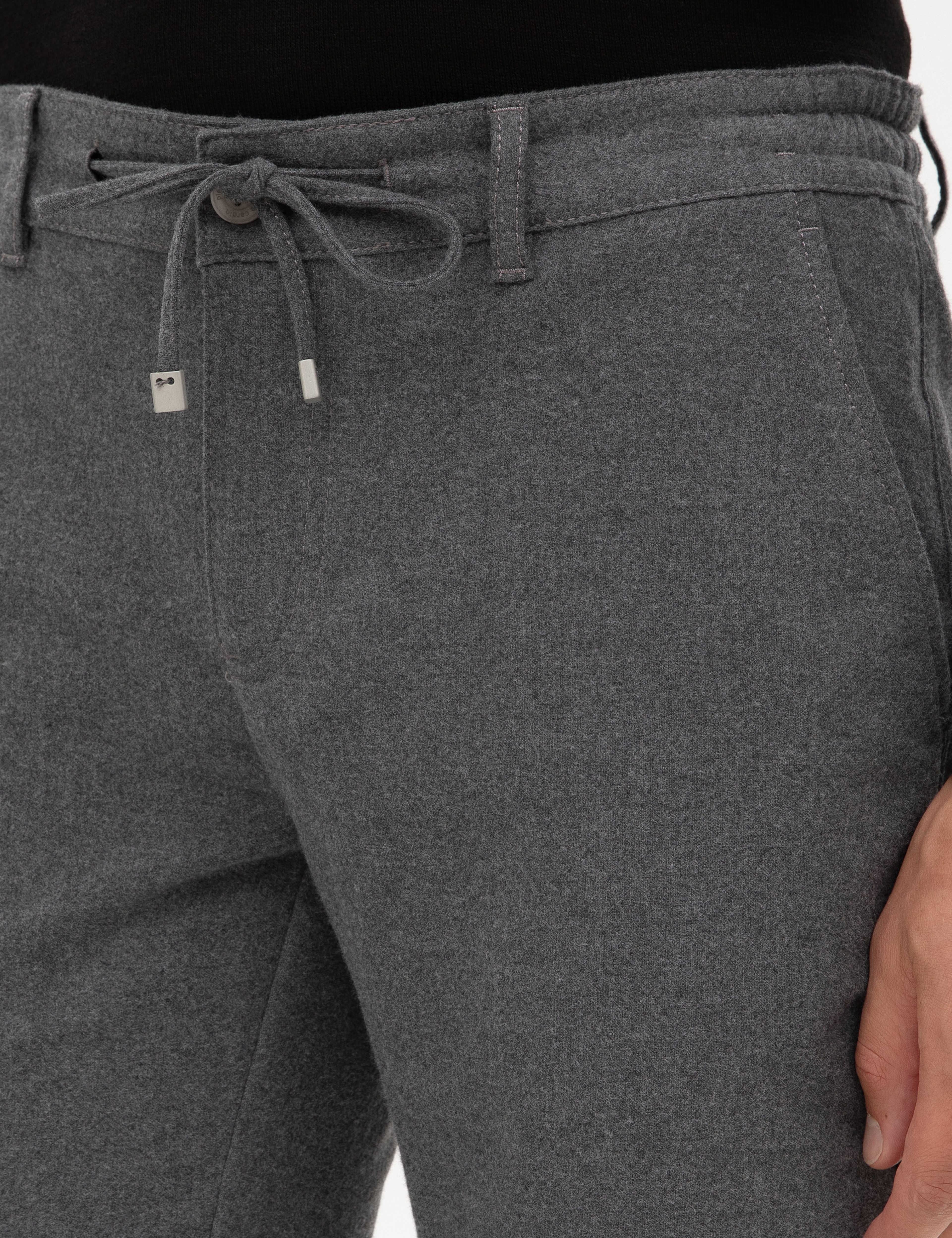 Gri Slim Fit Beli Lastikli Kordonlu Kanvas Pantolon - Image 5