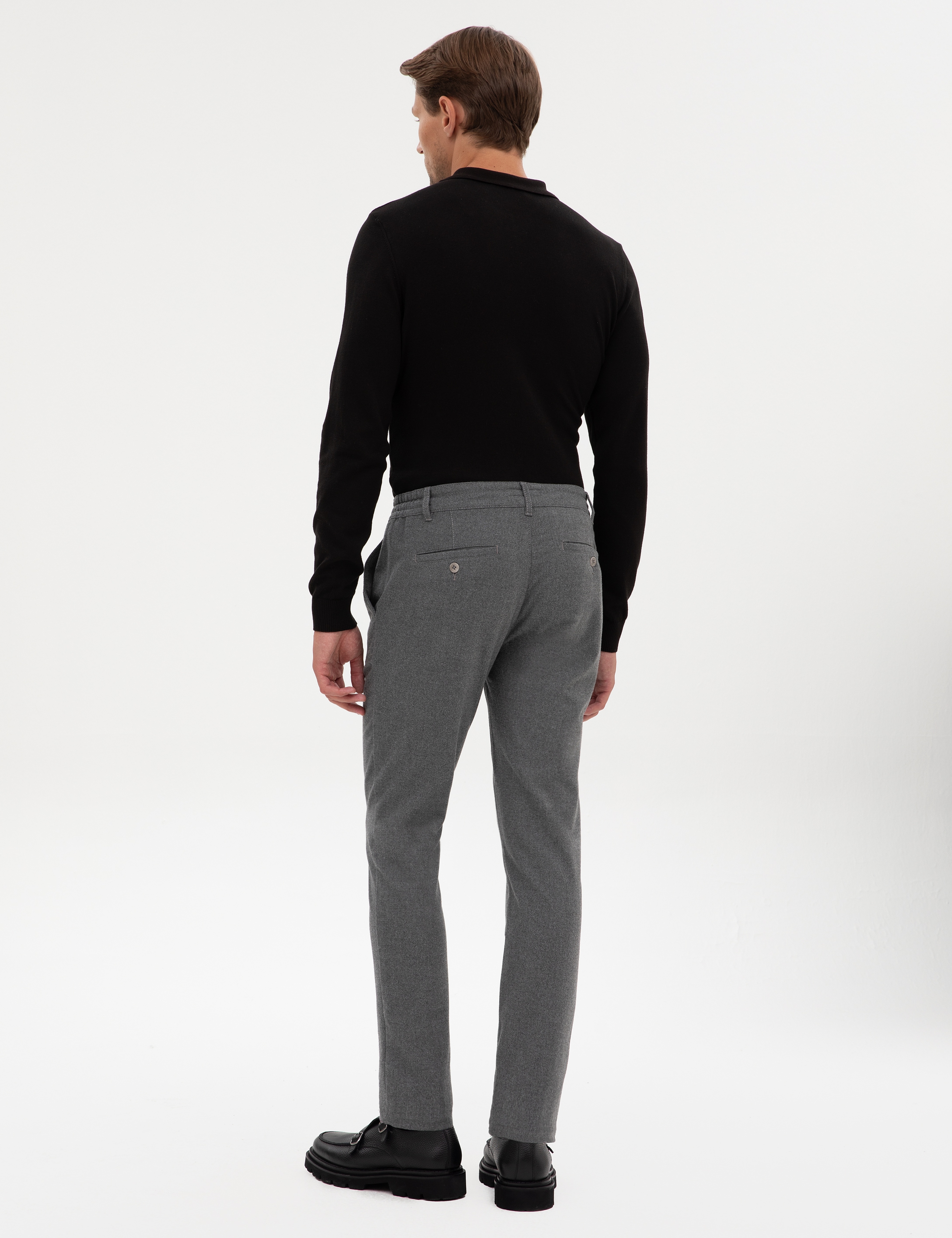 Gri Slim Fit Beli Lastikli Kordonlu Kanvas Pantolon
