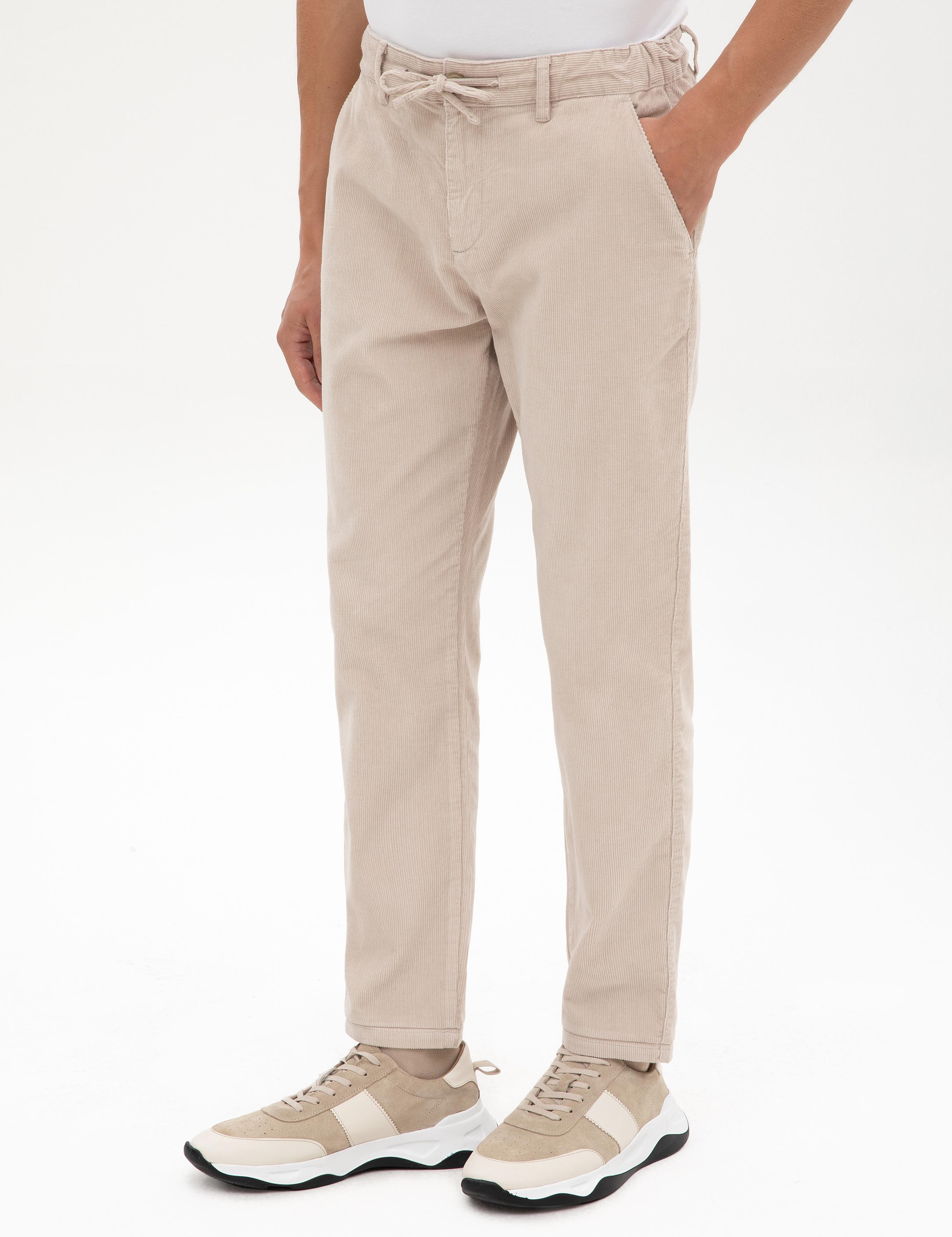 Bej Carrot Fit Beli Lastikli Kordonlu Kanvas Pantolon