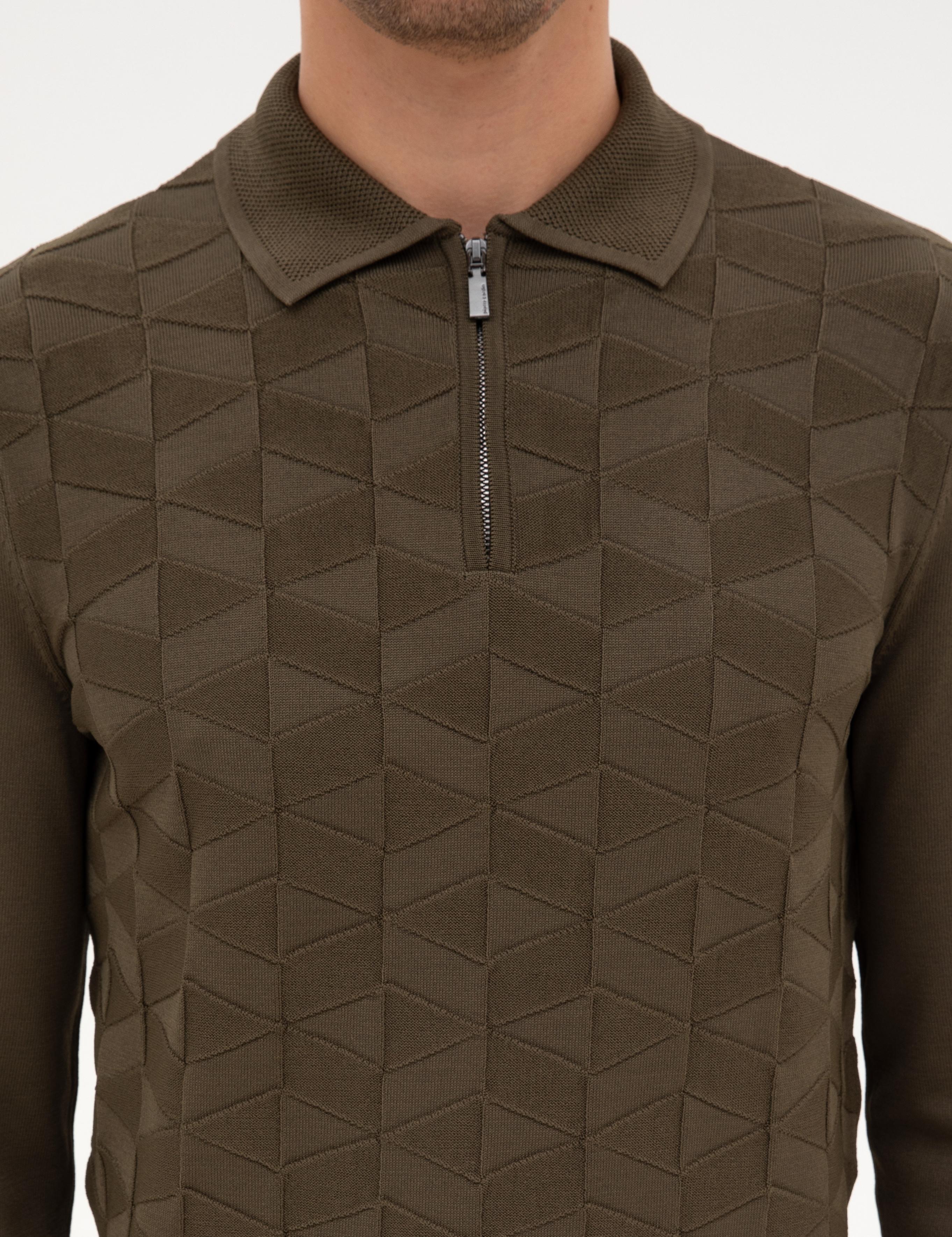 Koyu Haki Slim Fit Polo Yaka Fermuarlı Triko Kazak