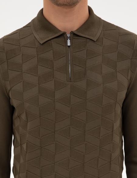 Koyu Haki Slim Fit Polo Yaka Fermuarlı Triko Kazak - 50315688027