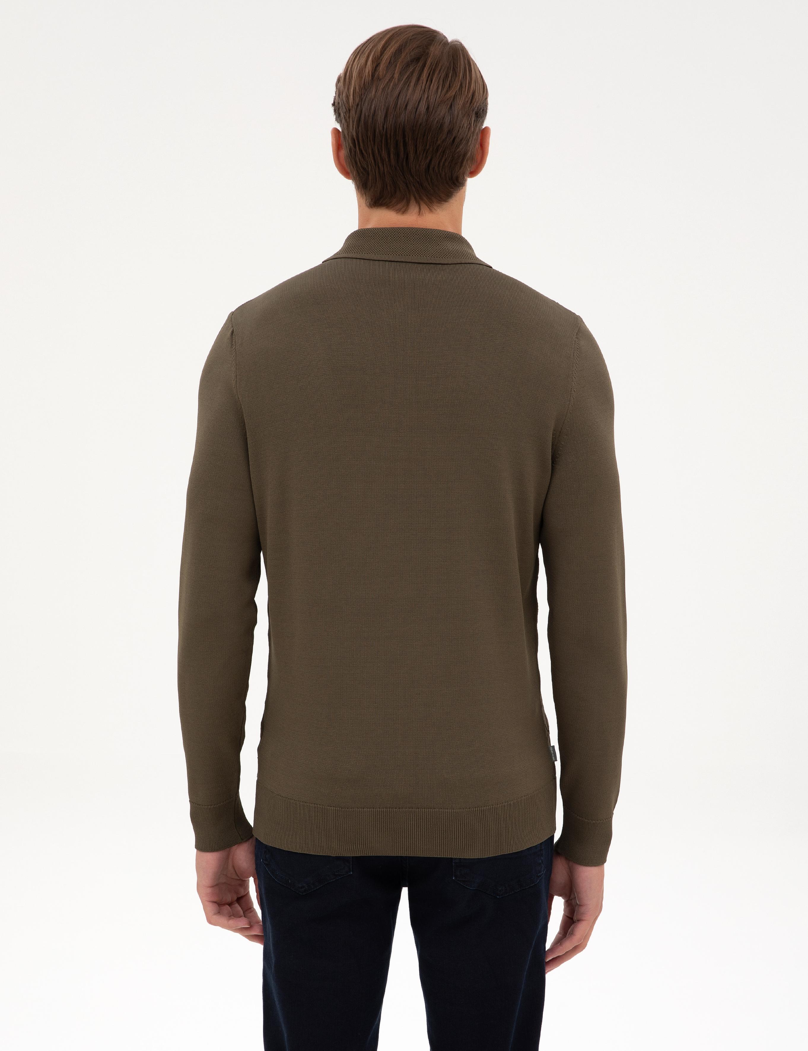 Koyu Haki Slim Fit Polo Yaka Fermuarlı Triko Kazak