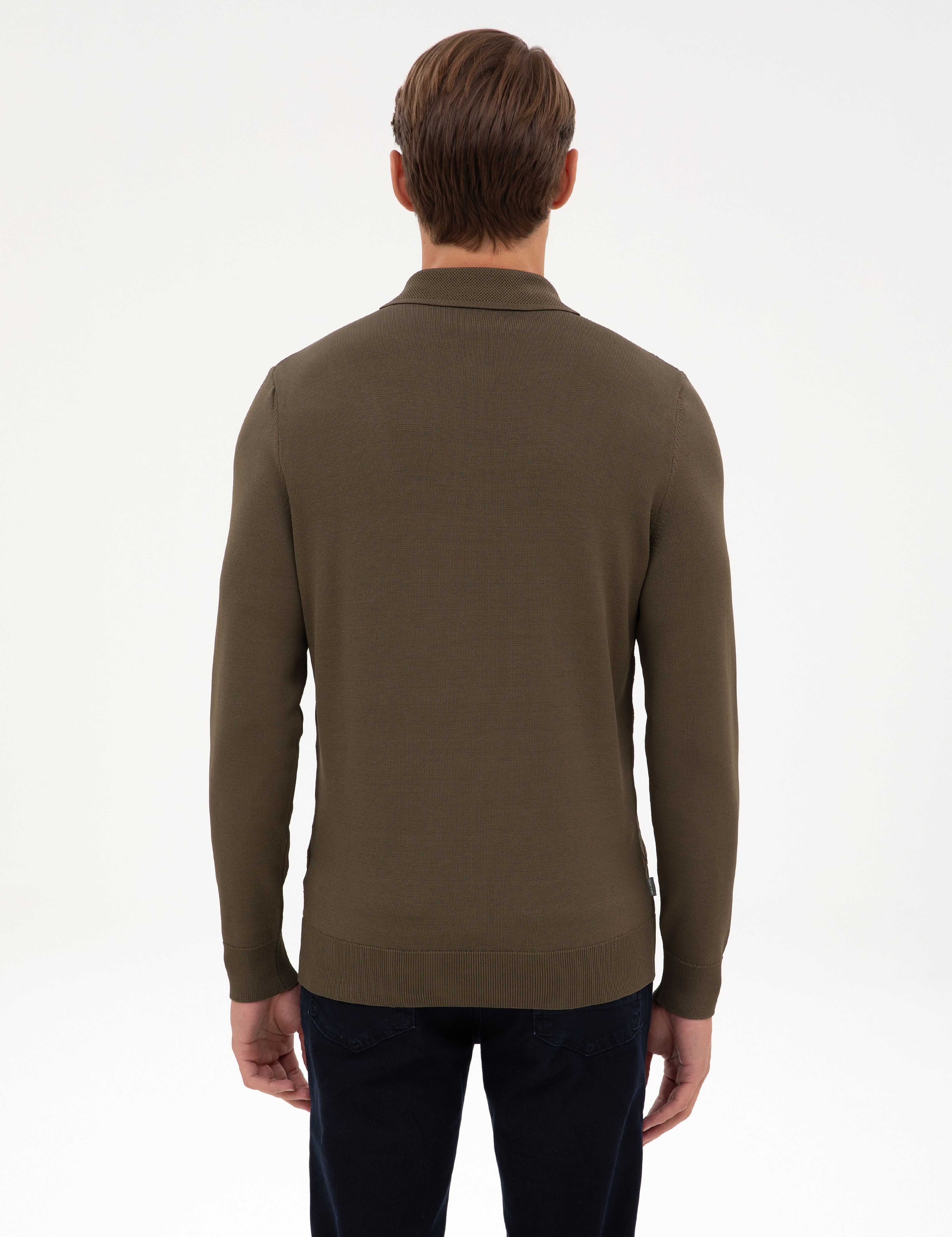 Koyu Haki Slim Fit Polo Yaka Fermuarlı Triko Kazak - Image 5