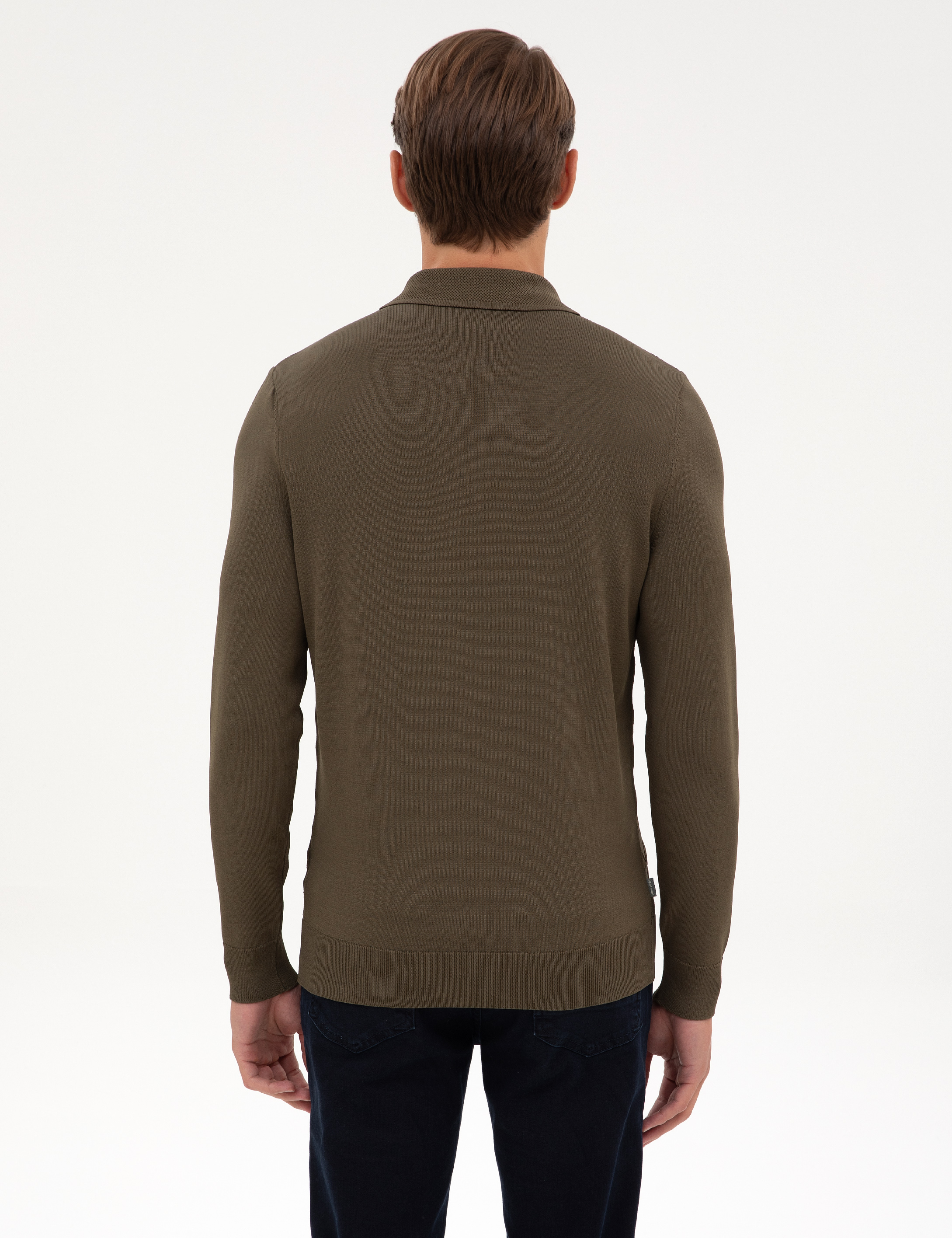 Koyu Haki Slim Fit Polo Yaka Fermuarlı Triko Kazak