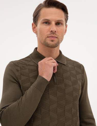 Koyu Haki Slim Fit Polo Yaka Fermuarlı Triko Kazak