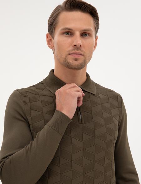 Koyu Haki Slim Fit Polo Yaka Fermuarlı Triko Kazak - 50315688027