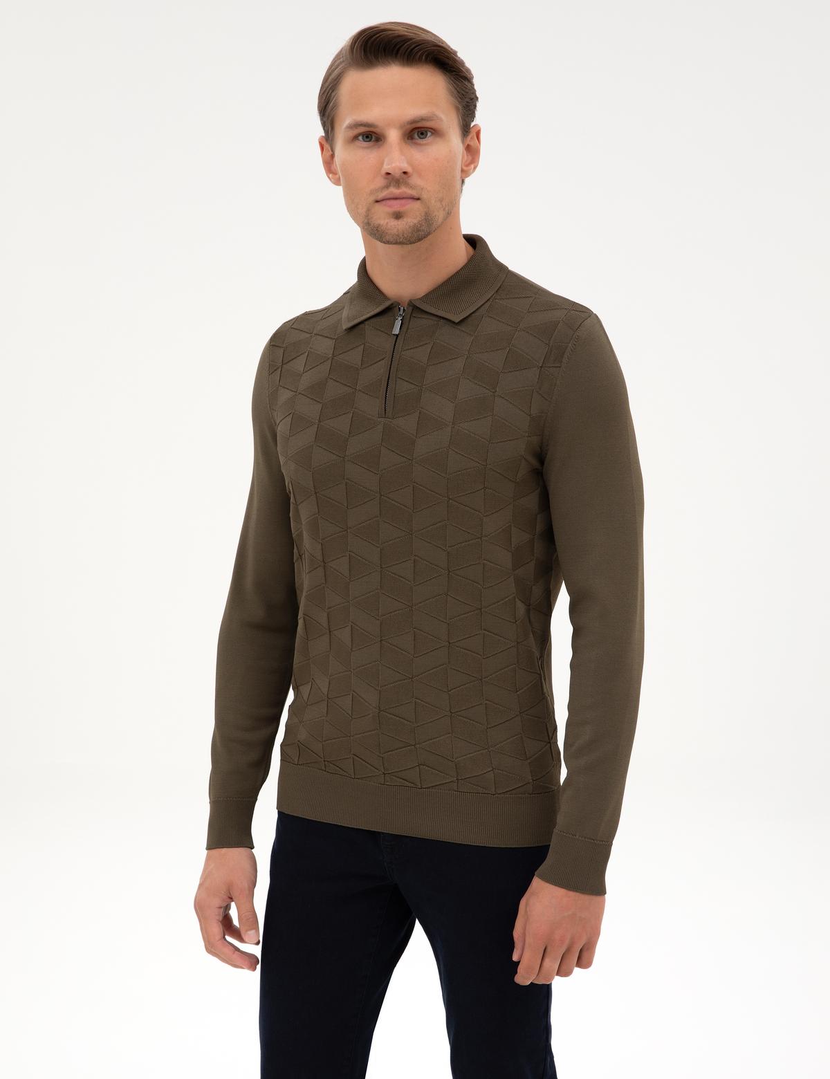 Koyu Haki Slim Fit Polo Yaka Fermuarlı Triko Kazak