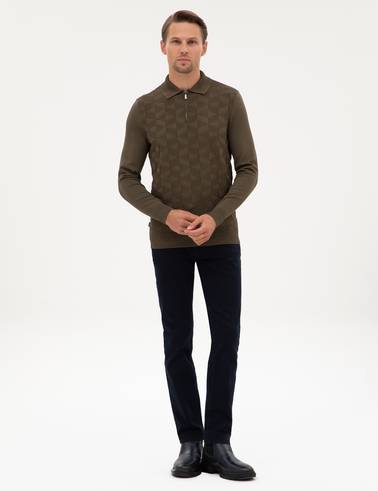 Koyu Haki Slim Fit Polo Yaka Fermuarlı Triko Kazak