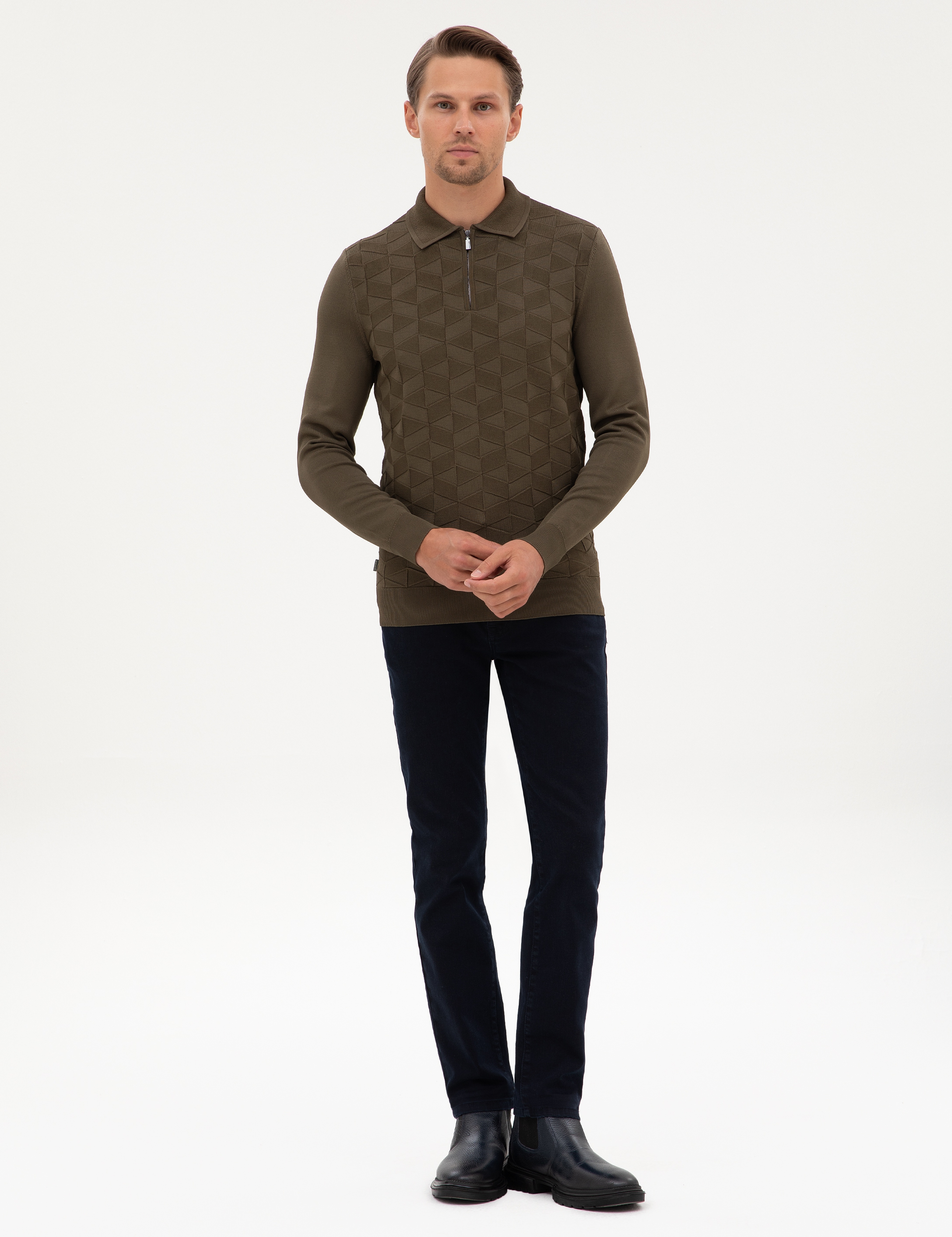 Koyu Haki Slim Fit Polo Yaka Fermuarlı Triko Kazak - Image 4