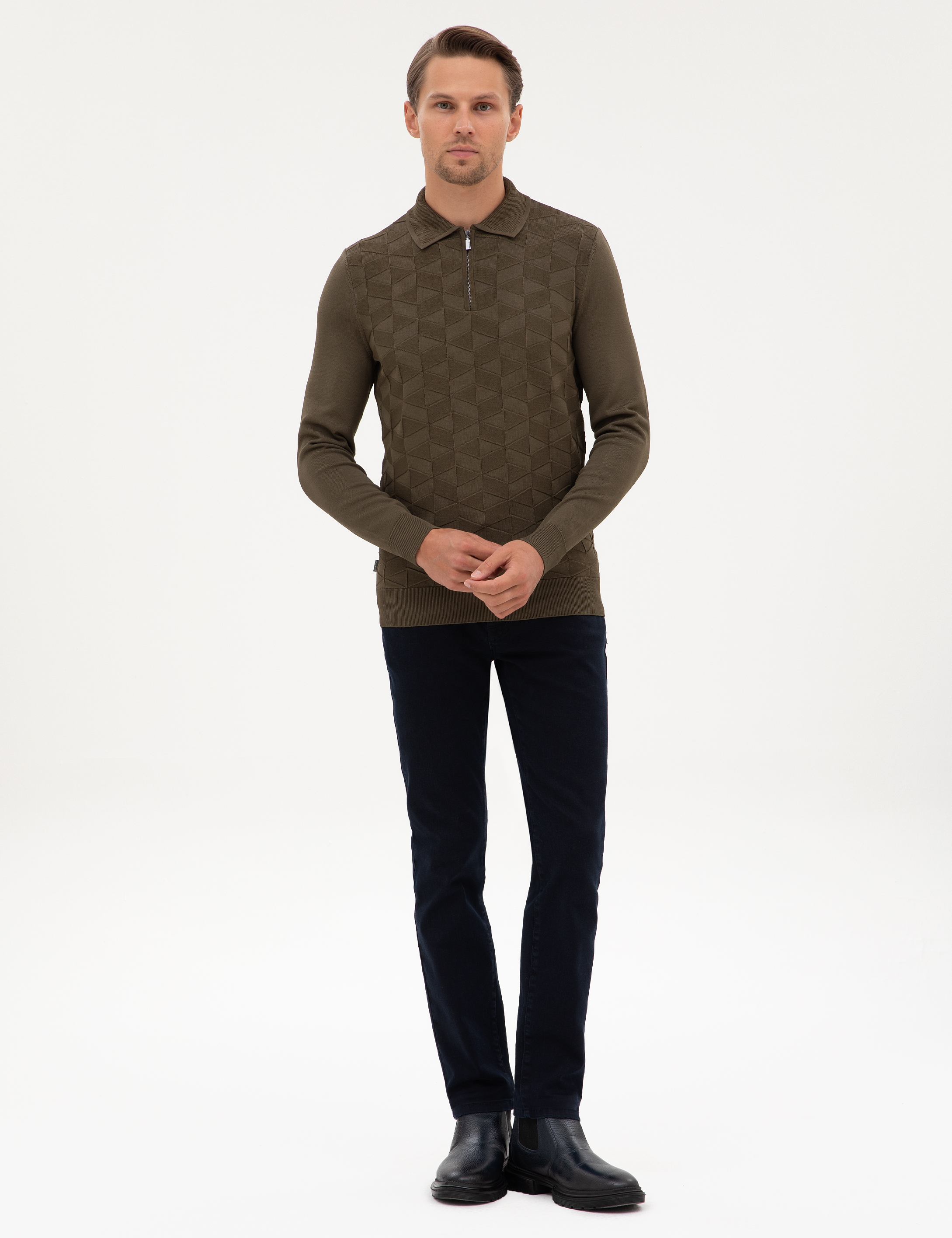 Koyu Haki Slim Fit Polo Yaka Fermuarlı Triko Kazak