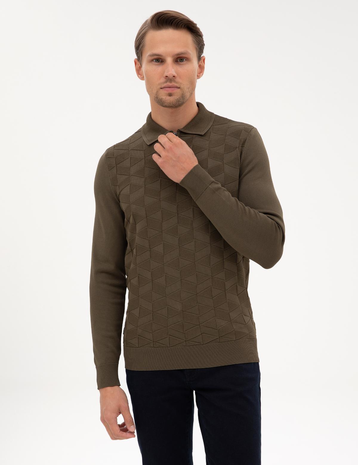 Koyu Haki Slim Fit Polo Yaka Fermuarlı Triko Kazak - 50315688027