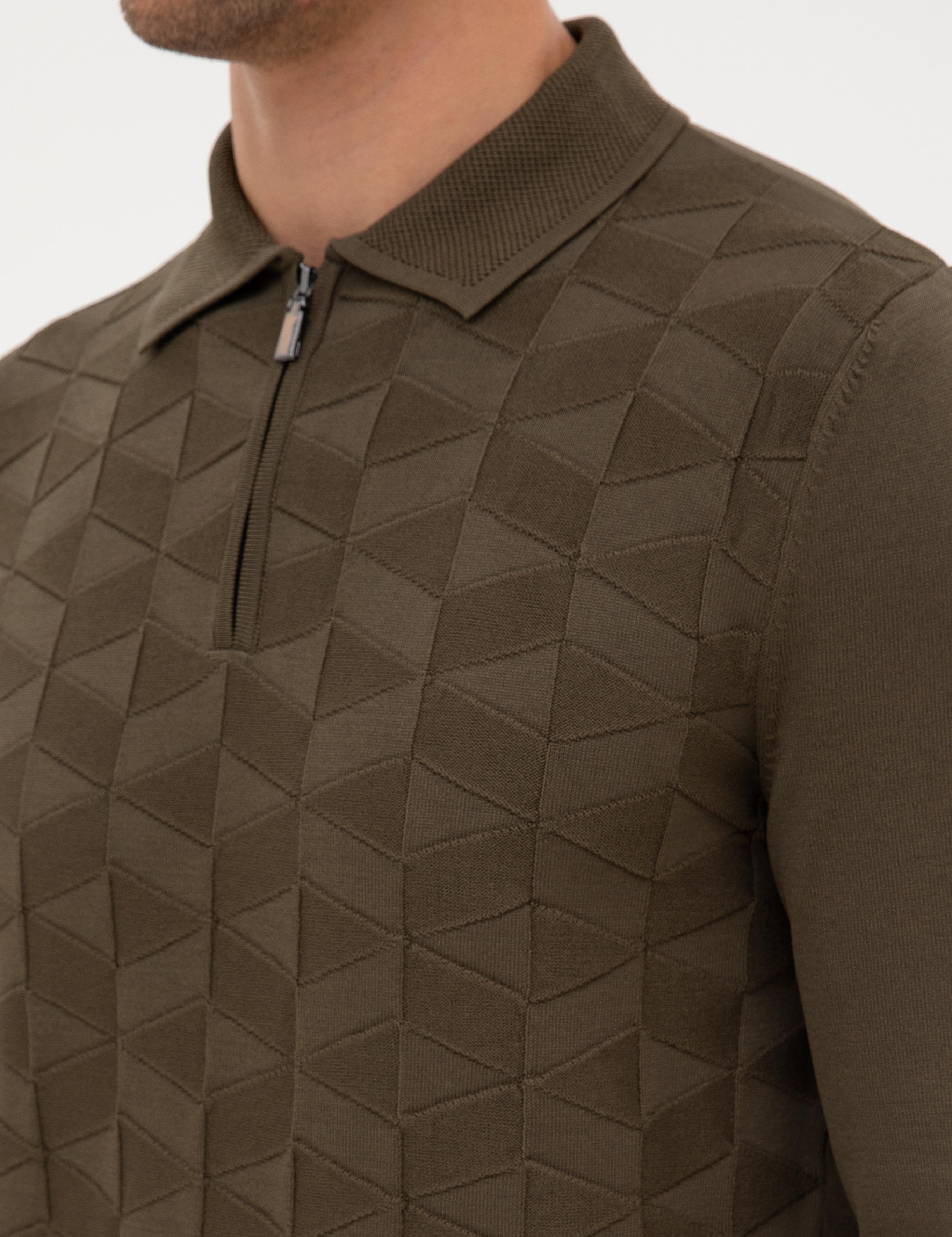 Koyu Haki Slim Fit Polo Yaka Fermuarlı Triko Kazak