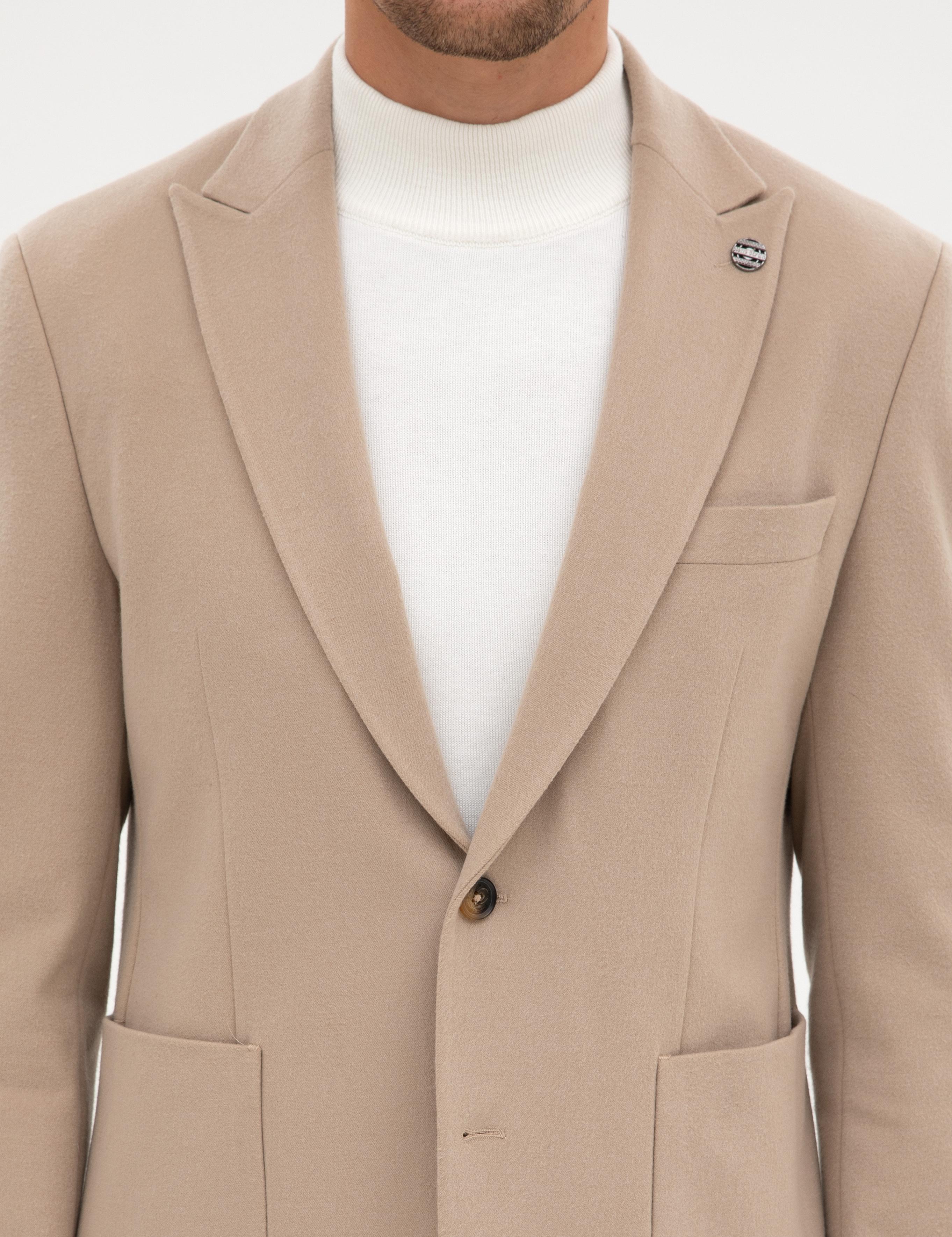 Bej Slim Fit Flanel Dokulu Ceket