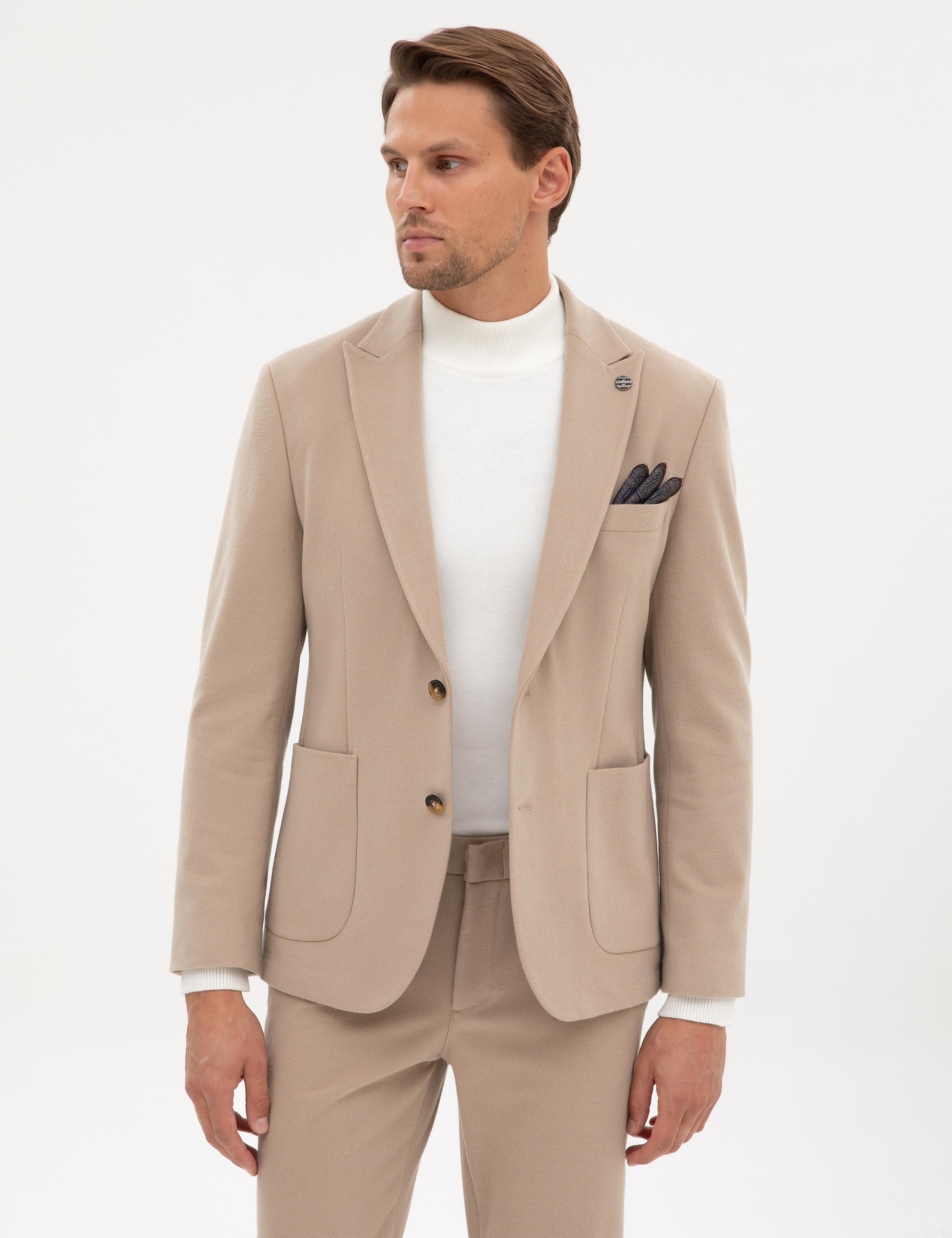 Bej Slim Fit Flanel Dokulu Ceket