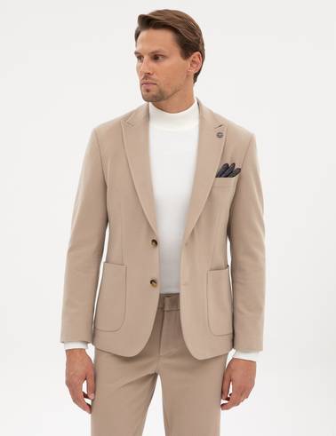Bej Slim Fit Flanel Dokulu Ceket