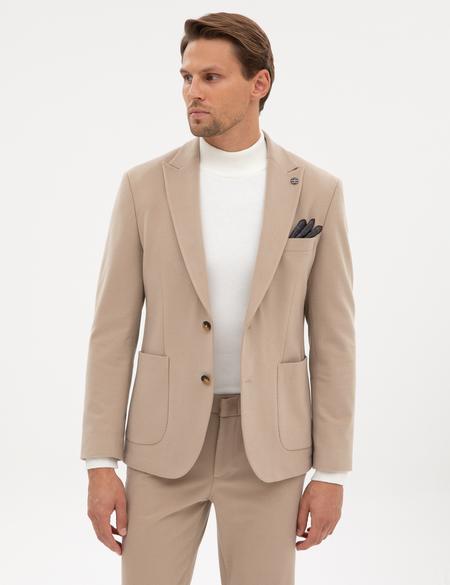 Bej Slim Fit Flanel Dokulu Ceket - 50317671074