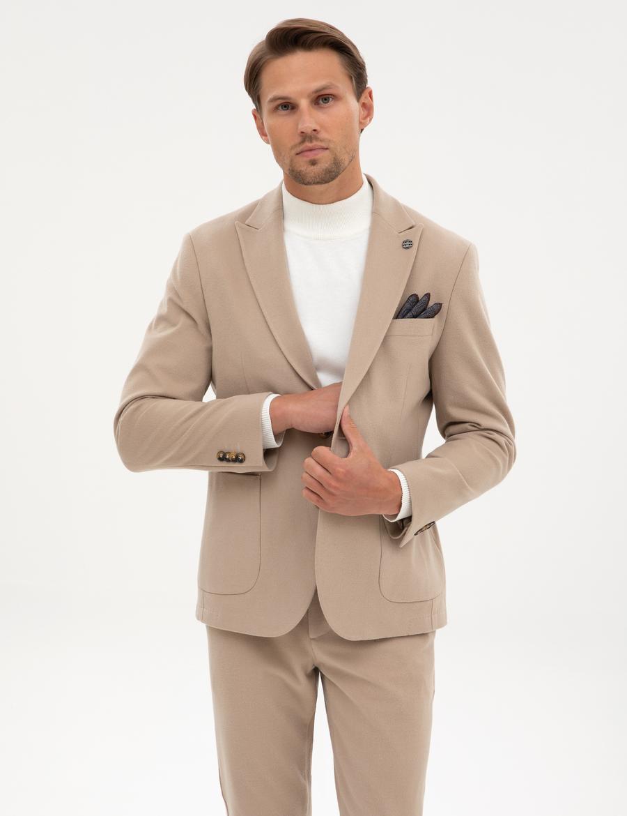 Bej Slim Fit Flanel Dokulu Ceket