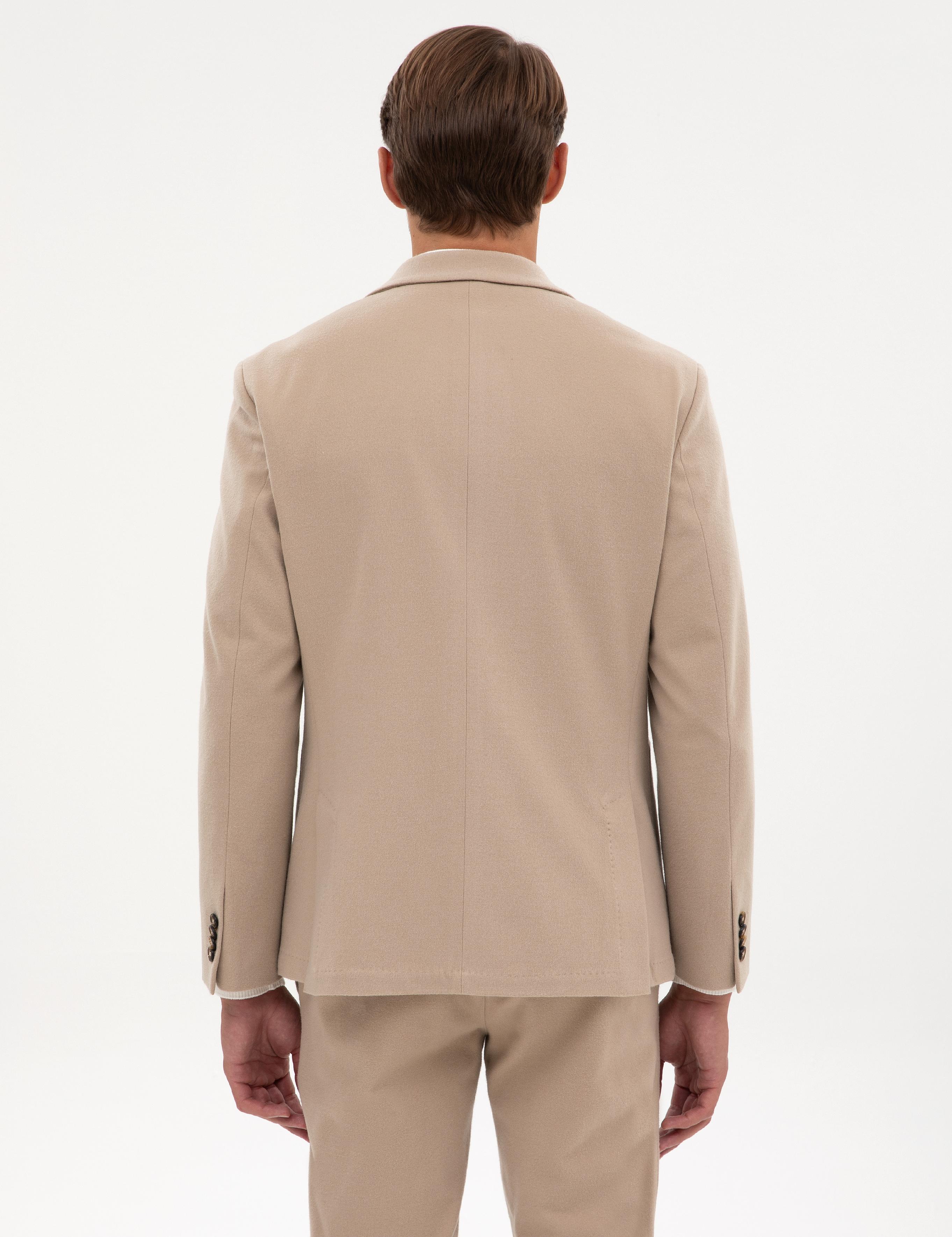 Bej Slim Fit Flanel Dokulu Ceket