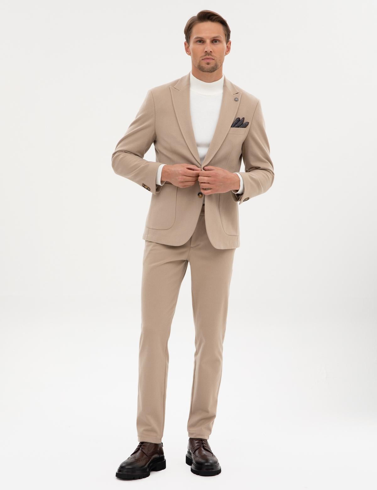 Bej Slim Fit Flanel Dokulu Ceket - 50317671074