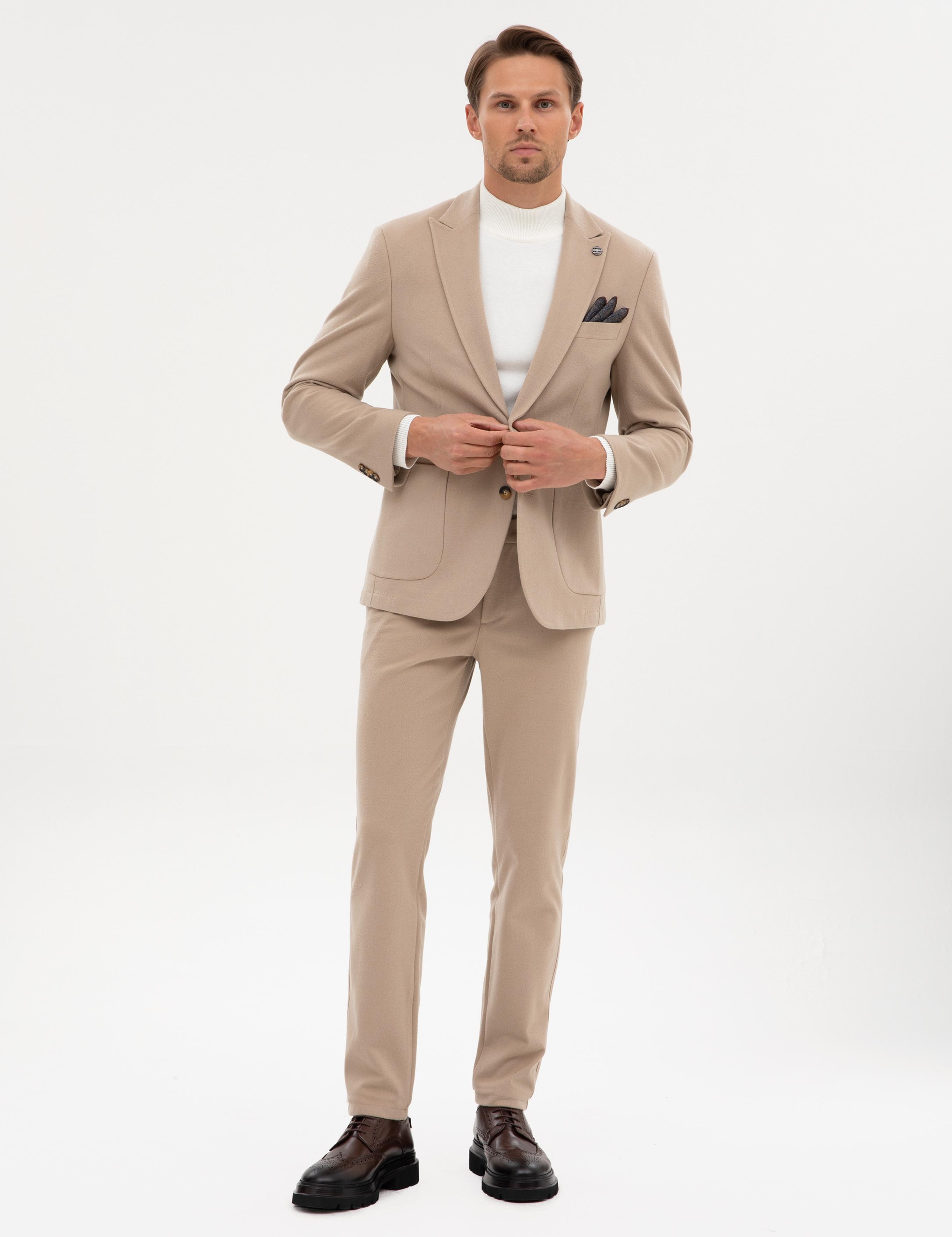 Bej Slim Fit Flanel Dokulu Ceket