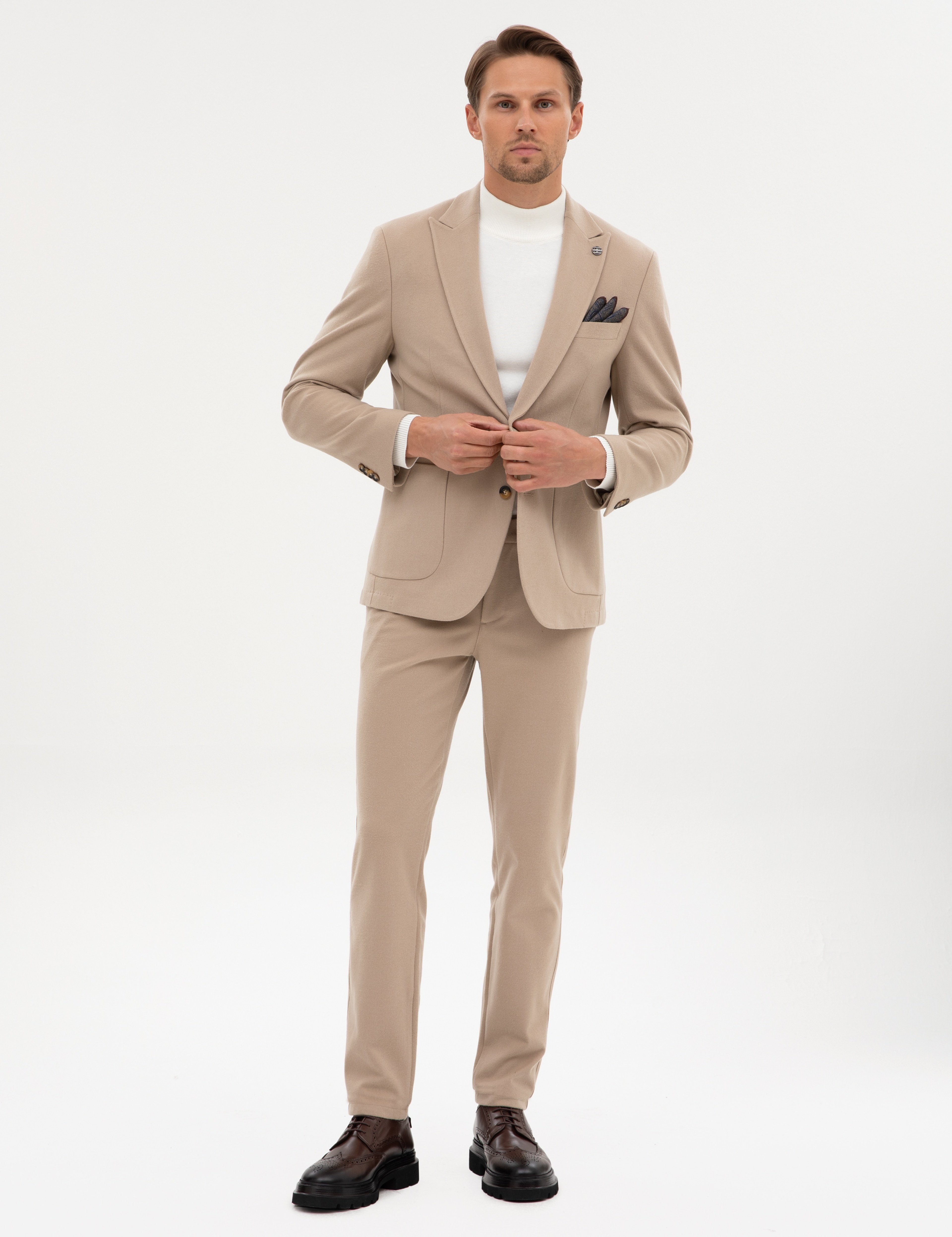 Bej Slim Fit Flanel Dokulu Ceket - Image 4