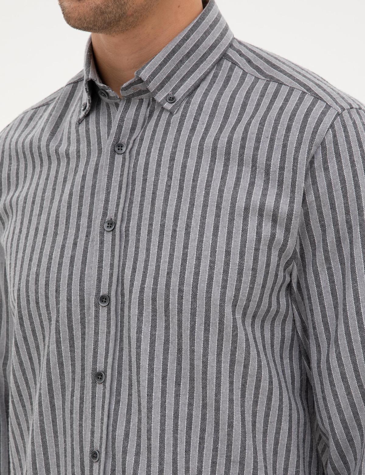 Gri Regular Fit Çizgili Uzun Kollu Gömlek - 50316710001
