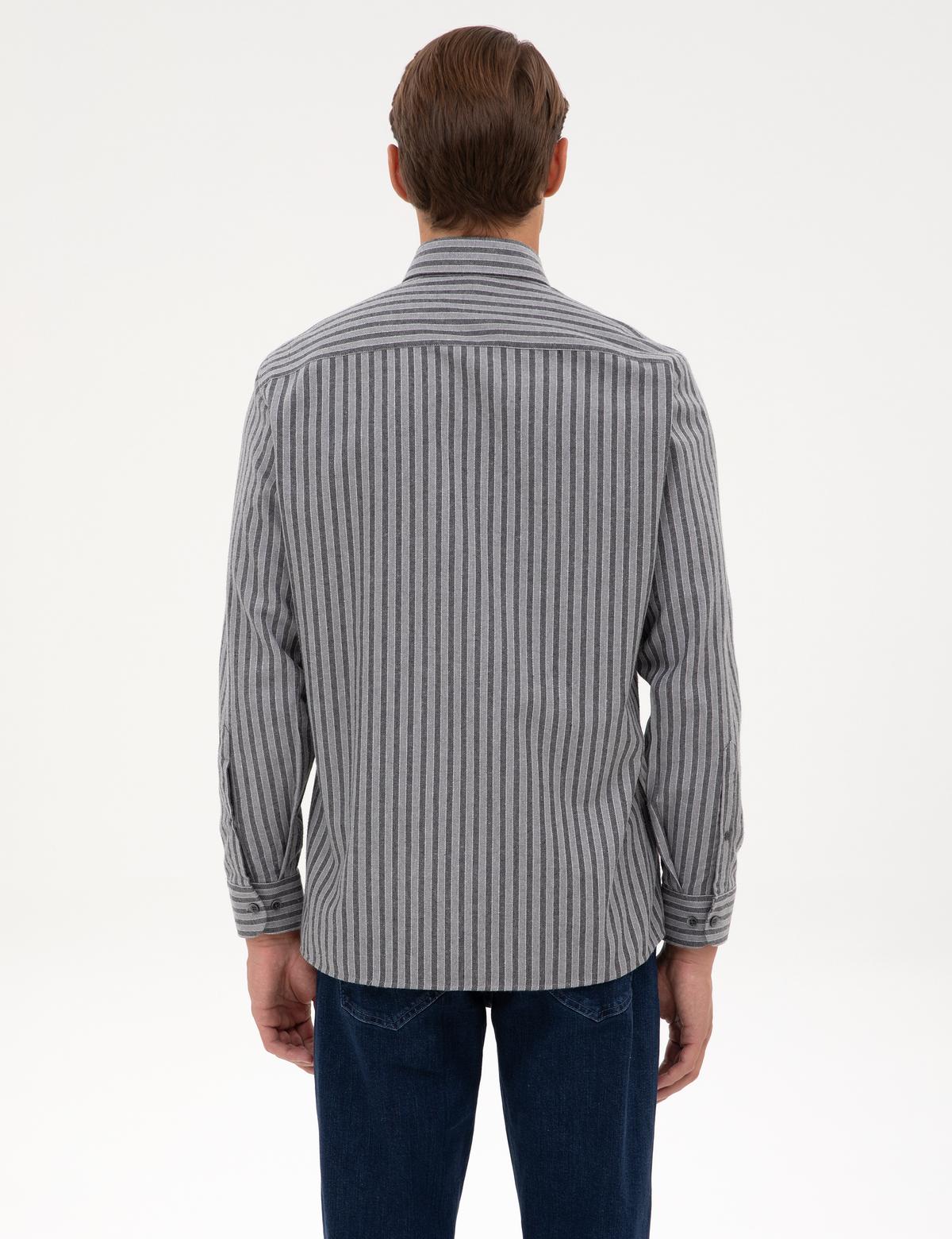 Gri Regular Fit Çizgili Uzun Kollu Gömlek - 50316710001