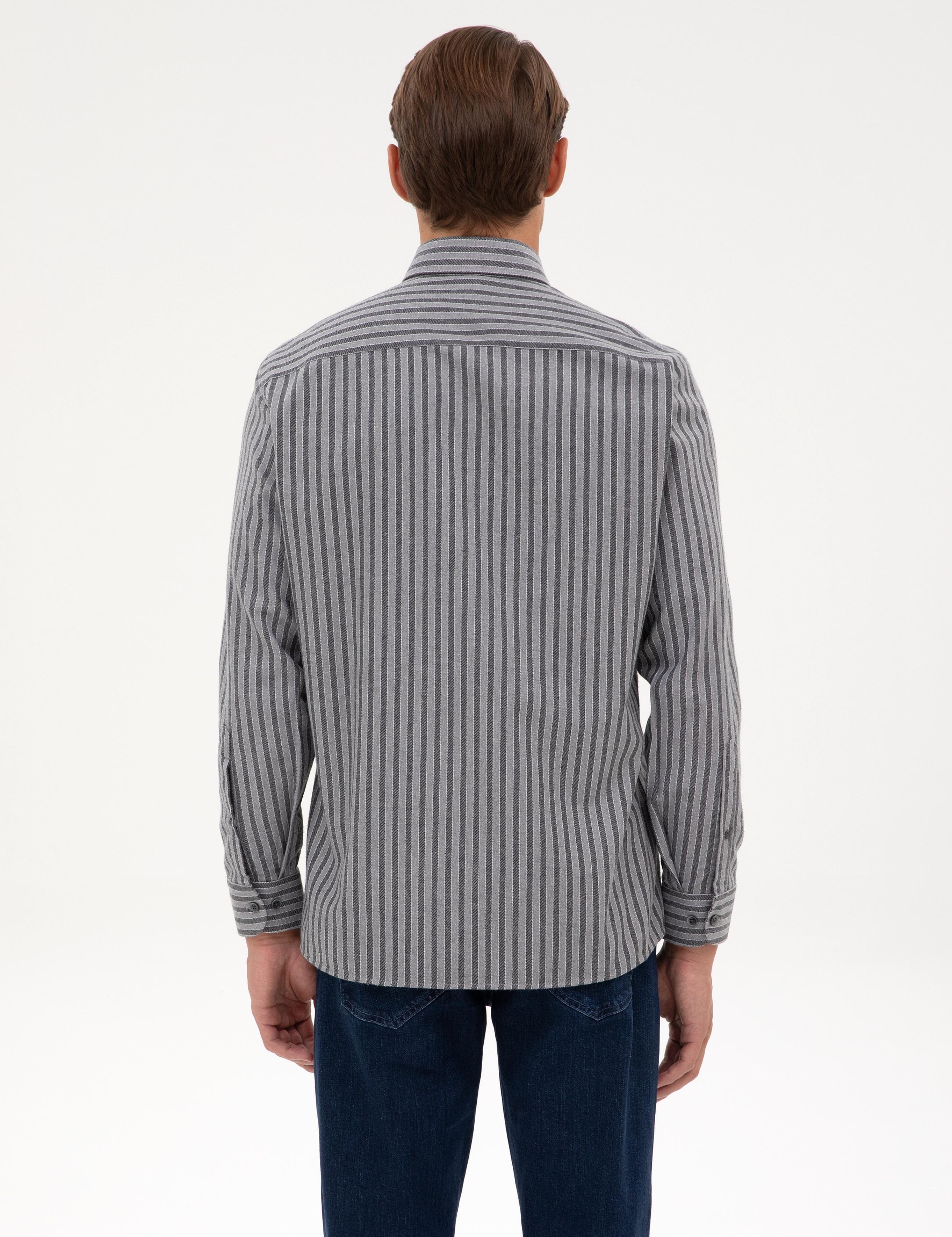 Gri Regular Fit Çizgili Uzun Kollu Gömlek