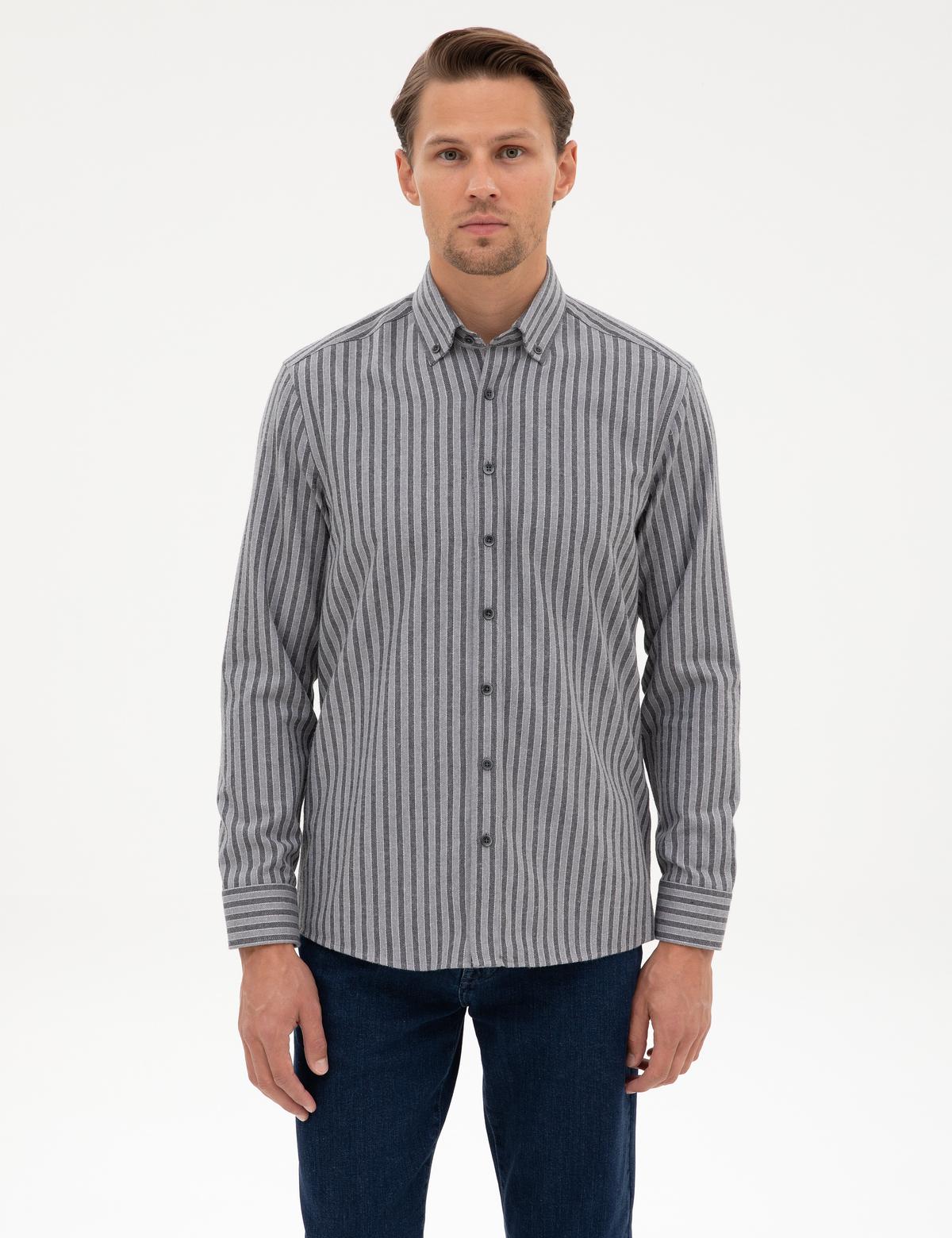 Gri Regular Fit Çizgili Uzun Kollu Gömlek