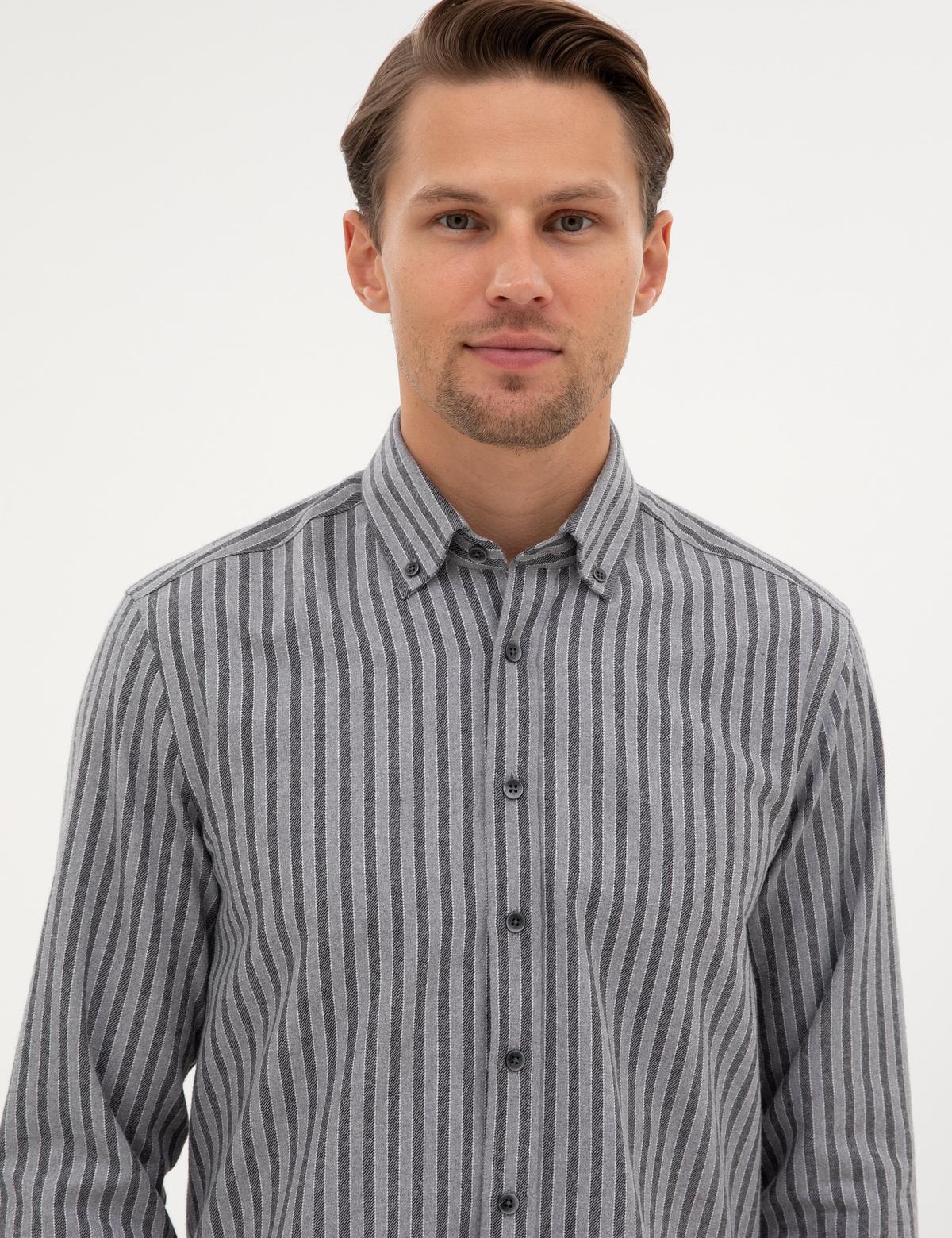 Gri Regular Fit Çizgili Uzun Kollu Gömlek - 50316710001