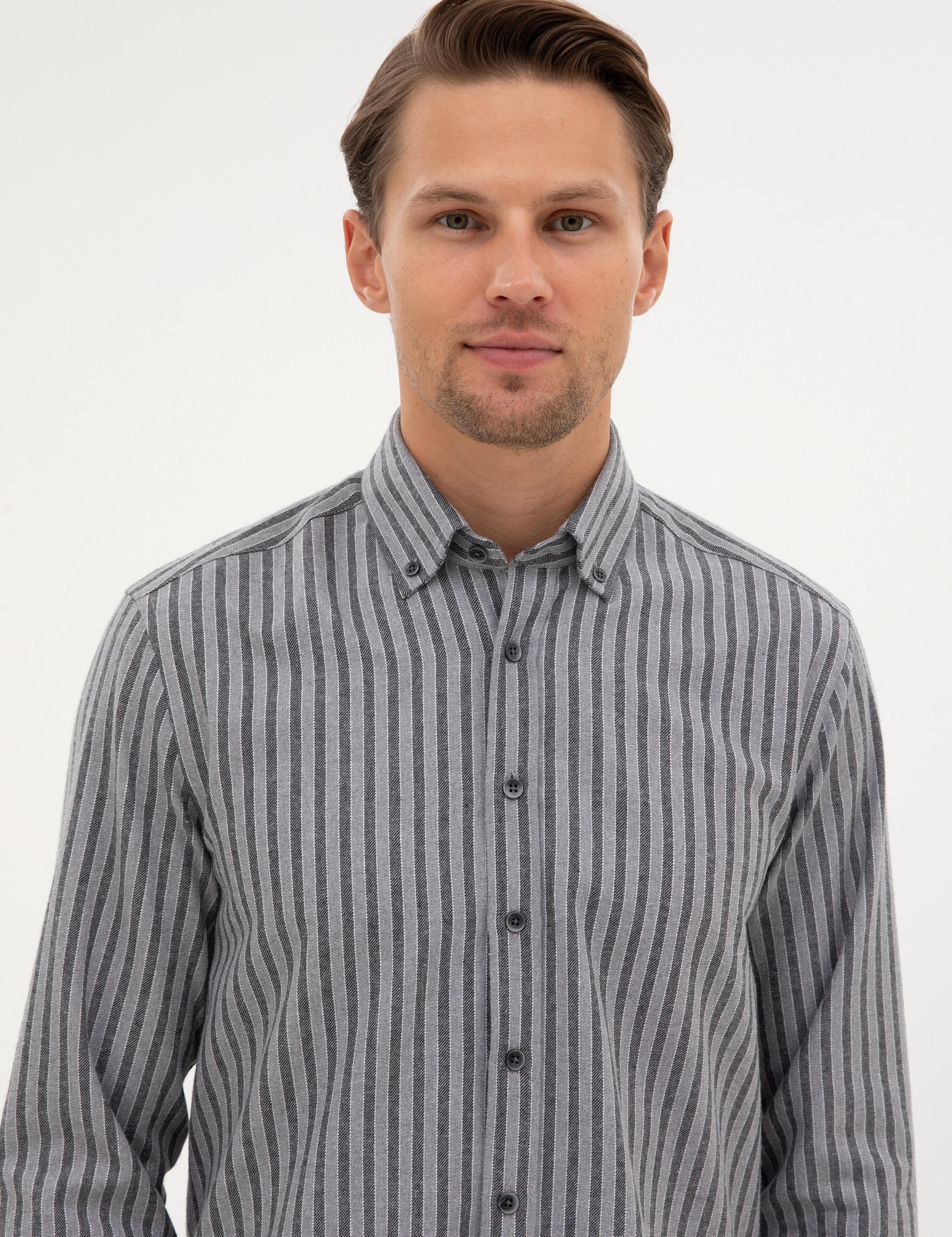 Gri Regular Fit Çizgili Uzun Kollu Gömlek