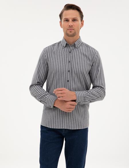 Gri Regular Fit Çizgili Uzun Kollu Gömlek - 50316710001