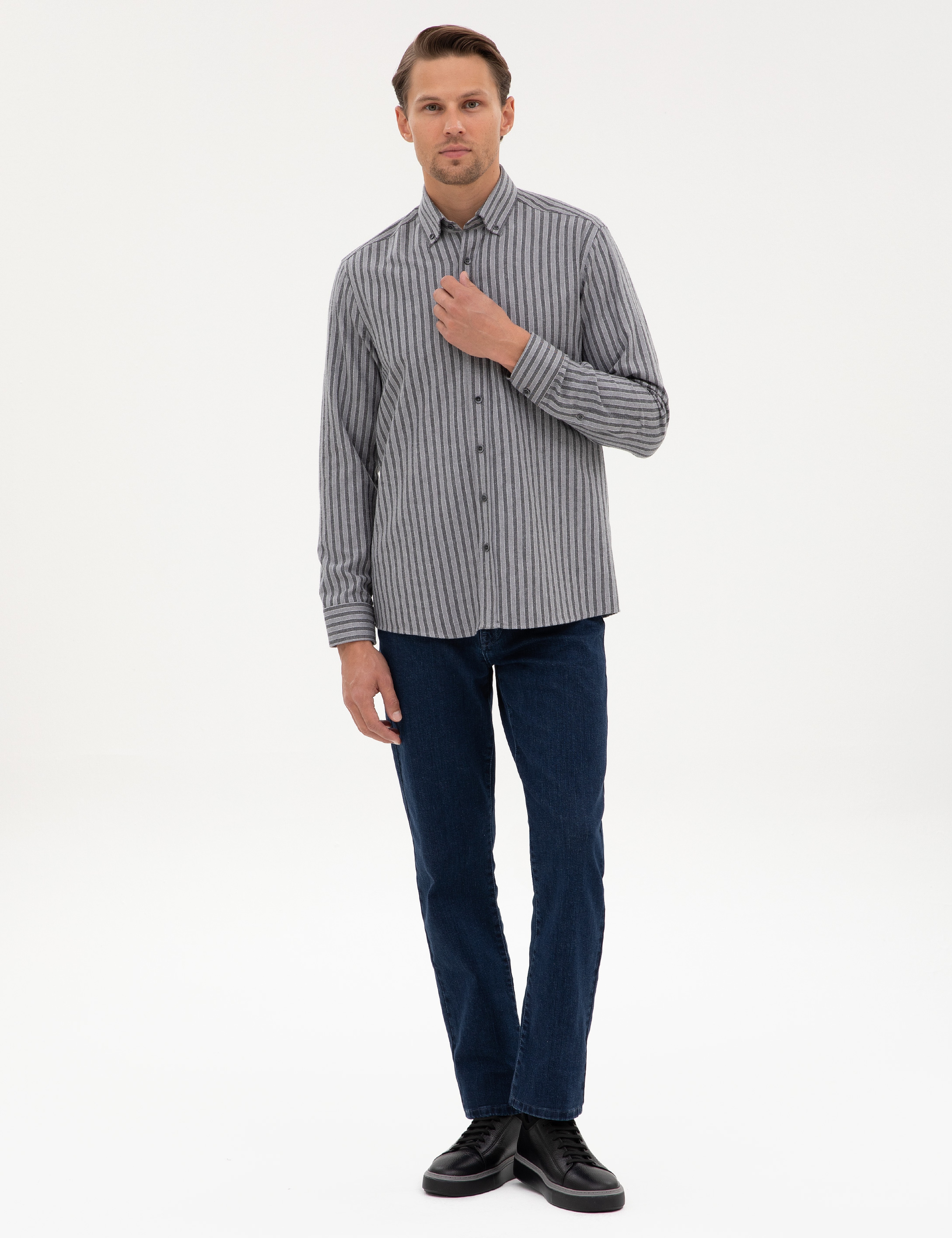 Gri Regular Fit Çizgili Uzun Kollu Gömlek - Image 4