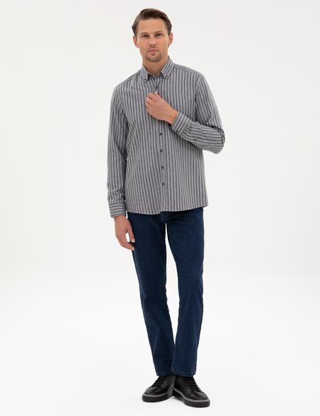 Gri Regular Fit Çizgili Uzun Kollu Gömlek - 50316710001