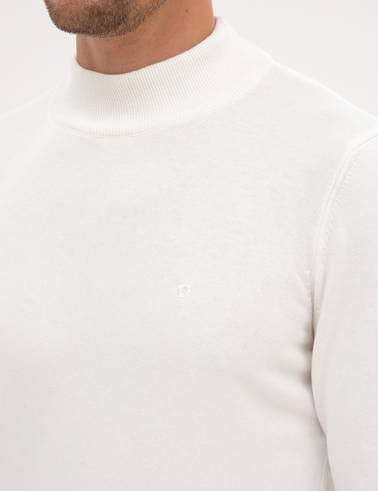 Ekru Slim Fit Yarım Balıkçı Yaka Basic Triko Kazak