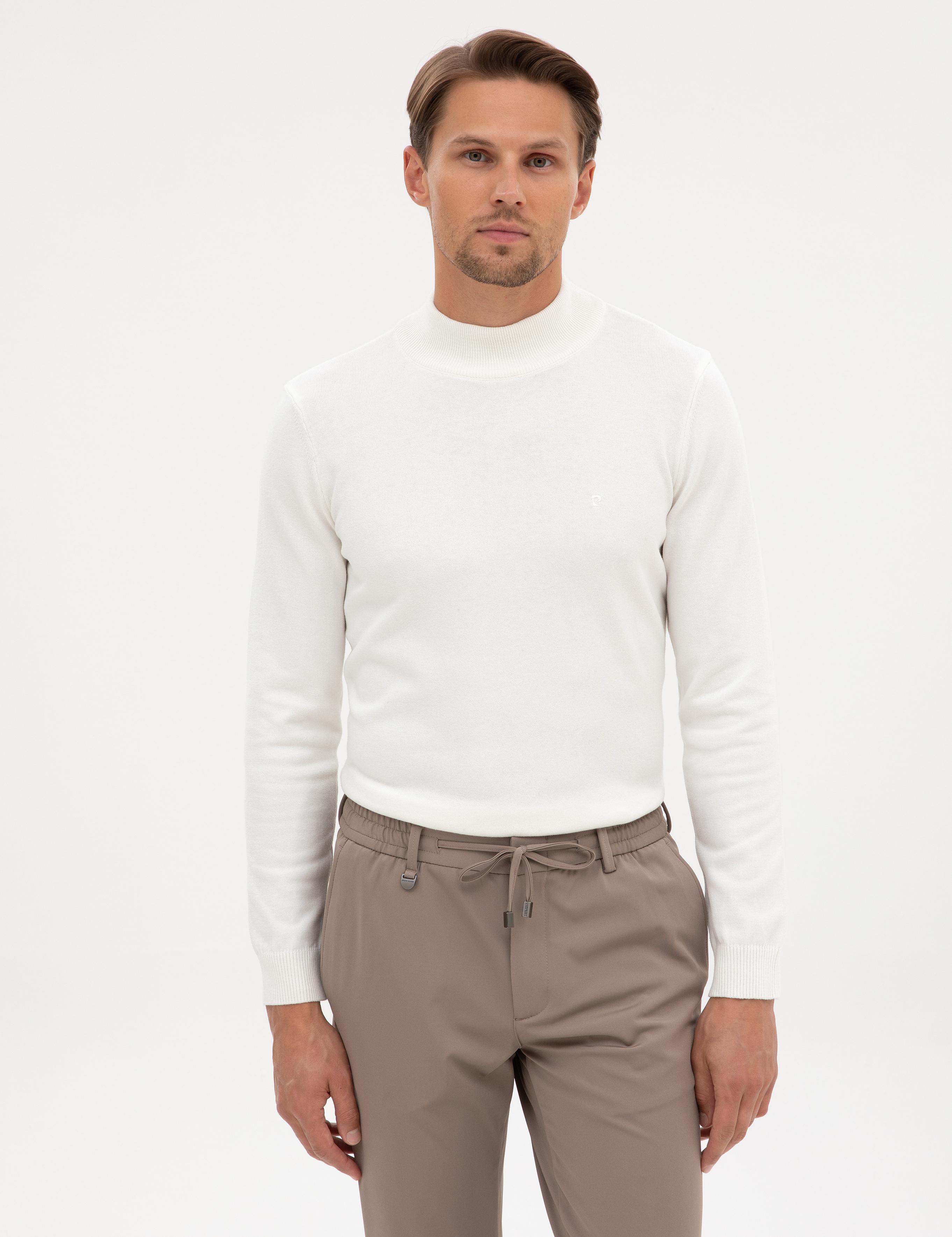 Ekru Slim Fit Yarım Balıkçı Yaka Basic Triko Kazak