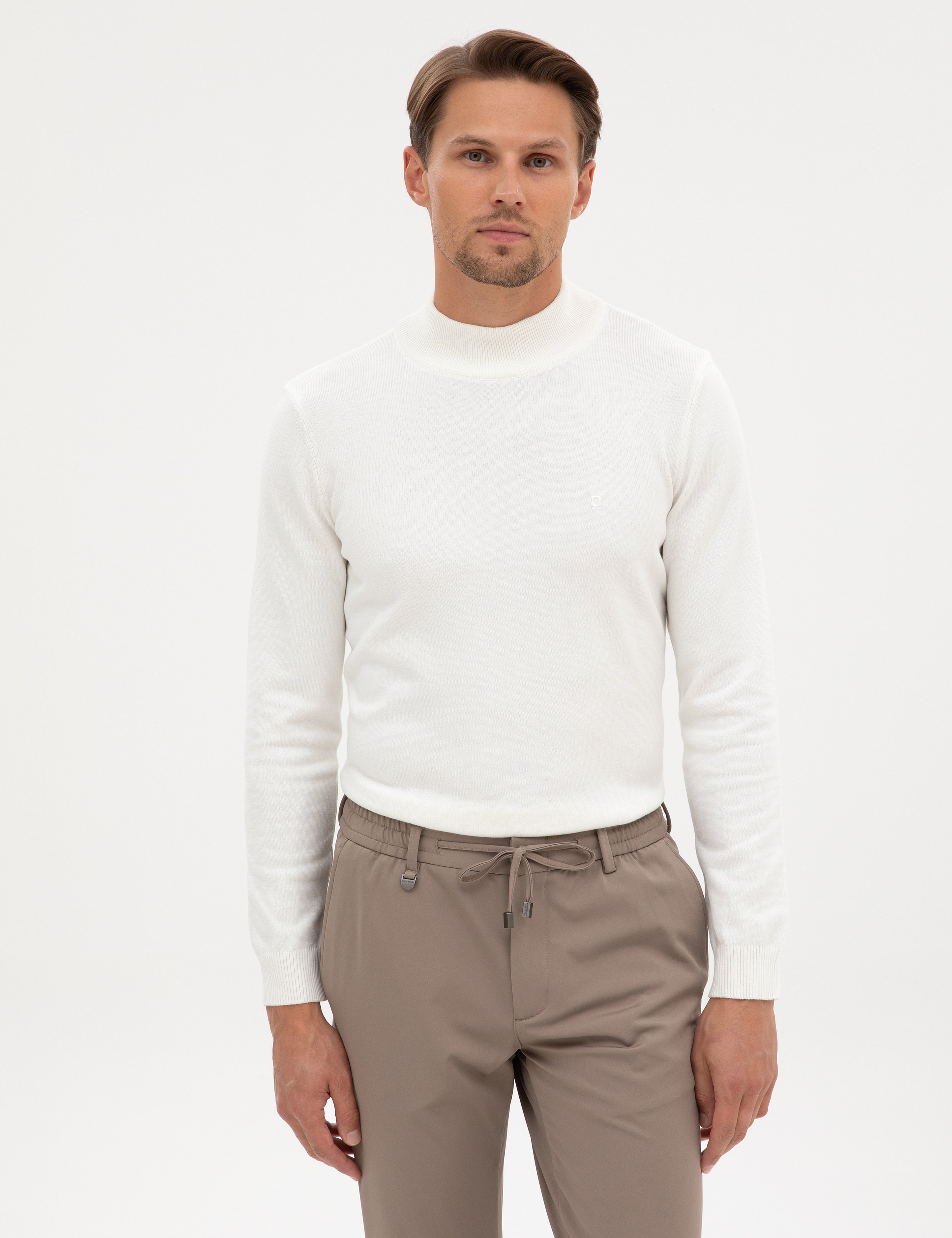 Ekru Slim Fit Yarım Balıkçı Yaka Basic Triko Kazak - Image 1