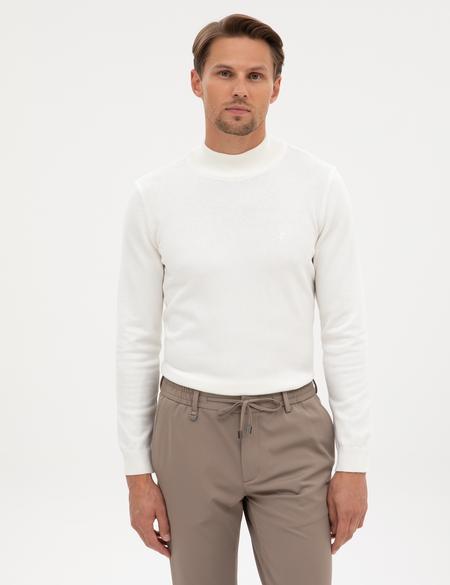 Ekru Slim Fit Yarım Balıkçı Yaka Basic Triko Kazak - 50315457001